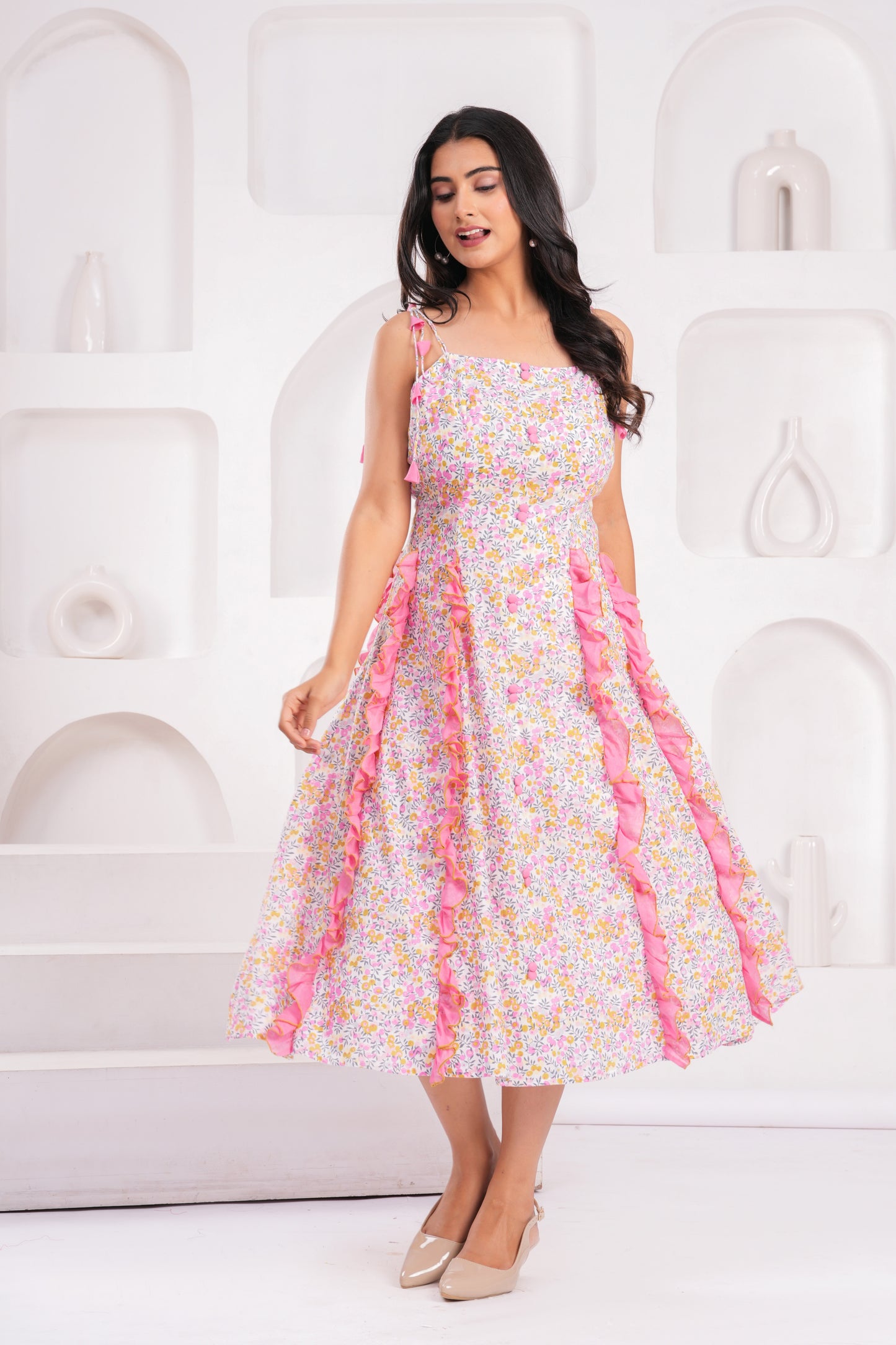Women's Pink Floral Cotton Midi Dress with Shoulder Tie Straps & Ruffle Panel Detailing