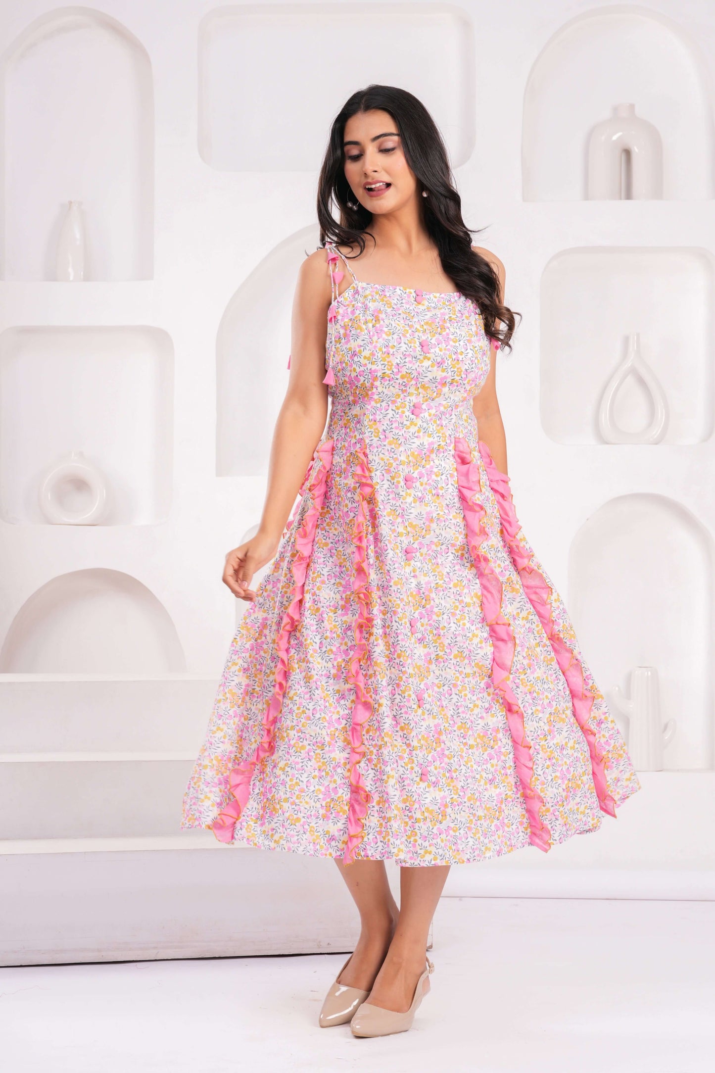 Women's Pink Floral Cotton Midi Dress with Shoulder Tie Straps & Ruffle Panel Detailing