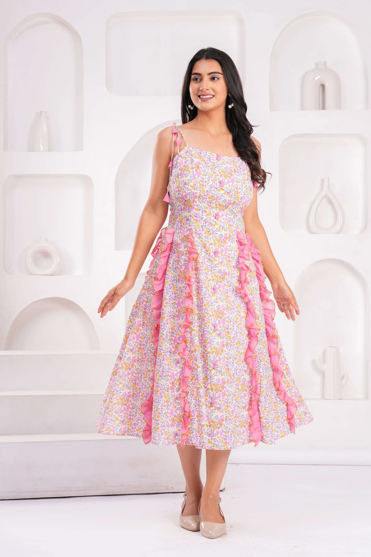 Women's Pink Floral Cotton Midi Dress with Shoulder Tie Straps & Ruffle Panel Detailing