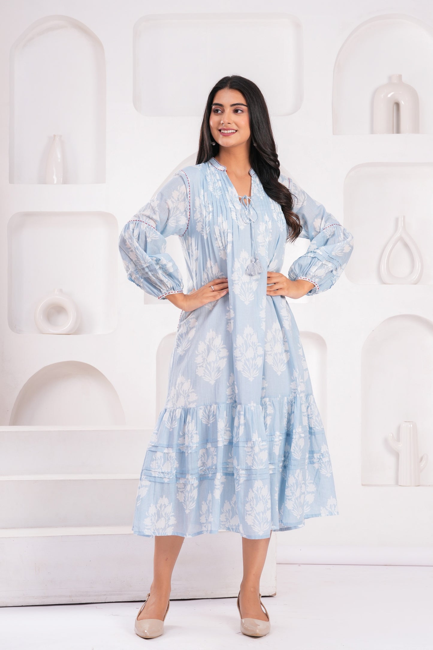 Light Blue & Pink Hand Block Printed Cotton Midi Dress with Kantha Details