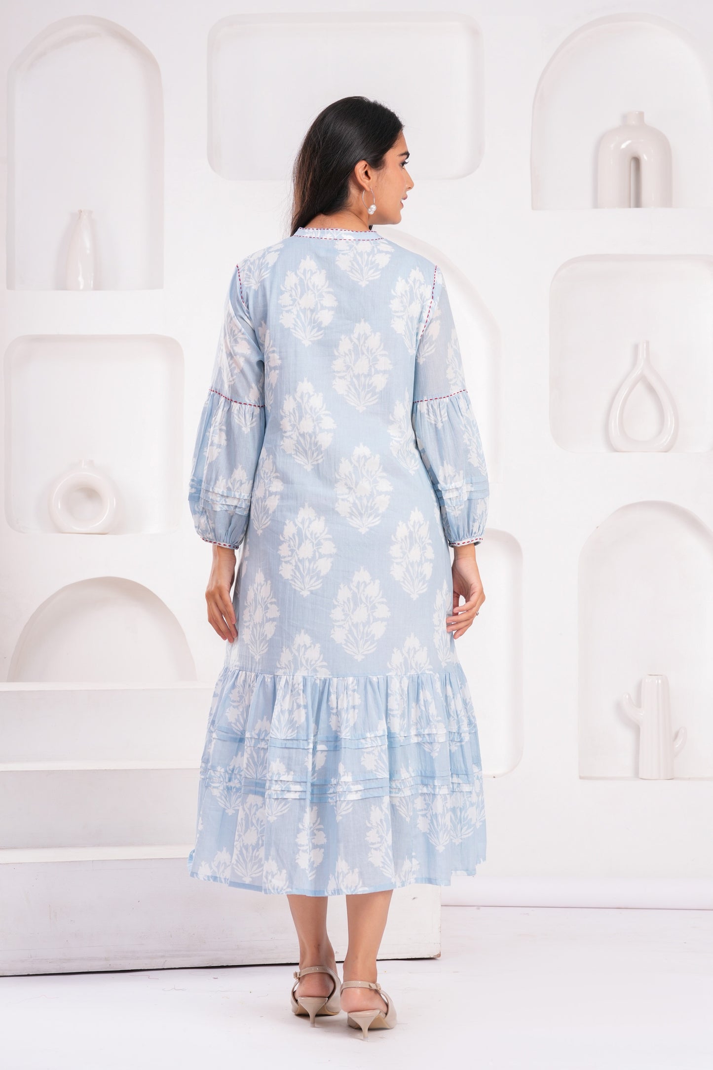 Light Blue & Pink Hand Block Printed Cotton Midi Dress with Kantha Details