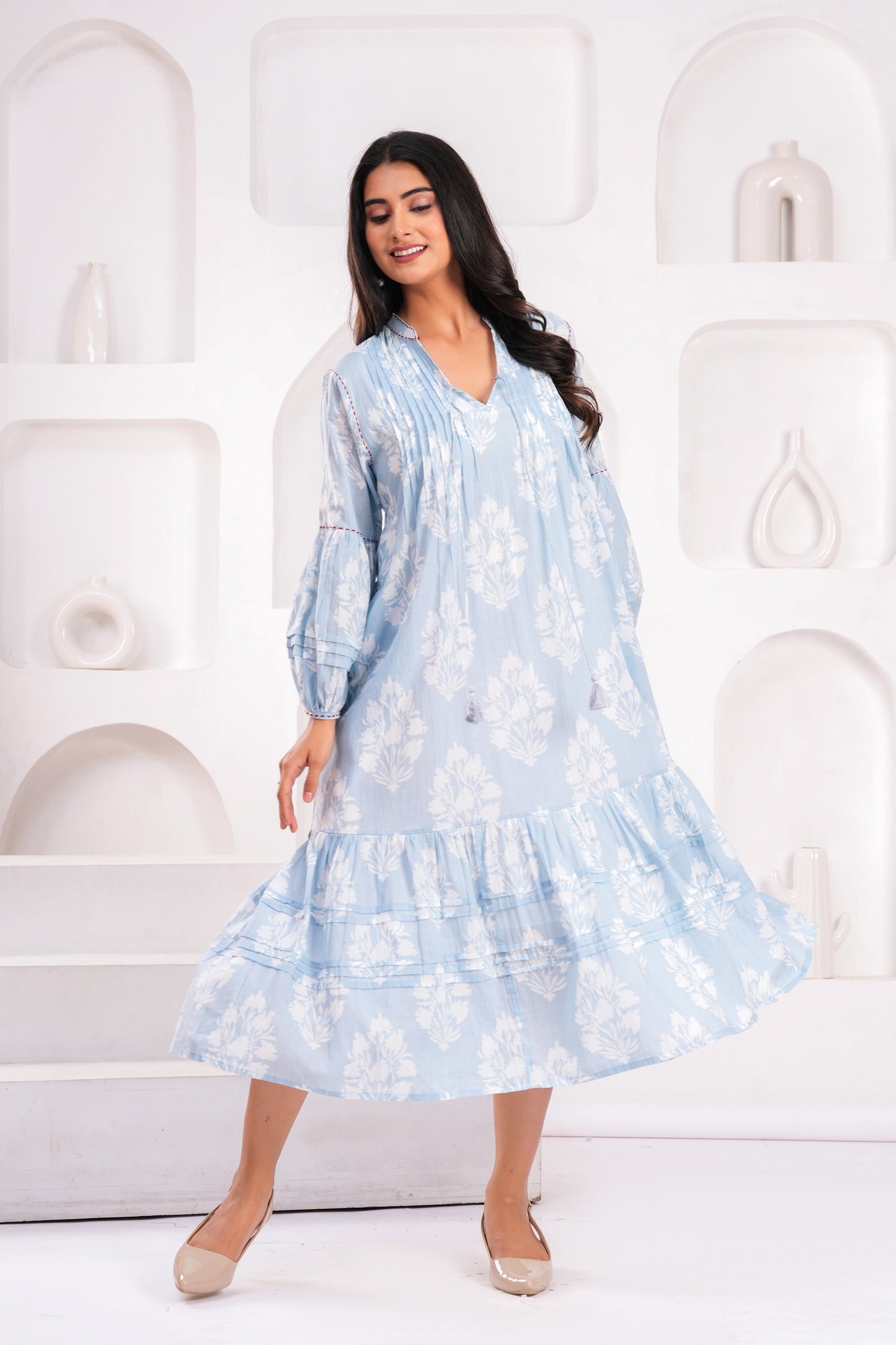 Light Blue & Pink Hand Block Printed Cotton Midi Dress with Kantha Details