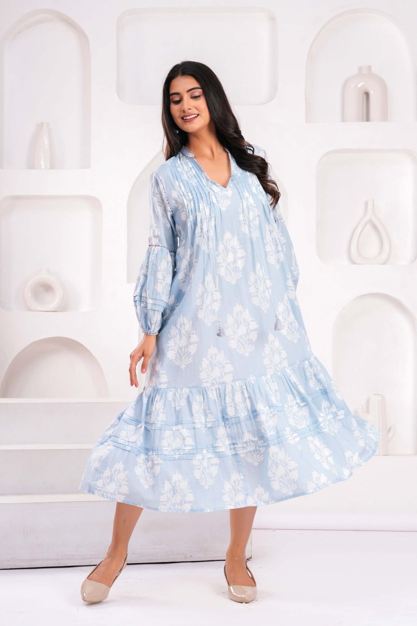 Light Blue & Pink Hand Block Printed Cotton Midi Dress with Kantha Details