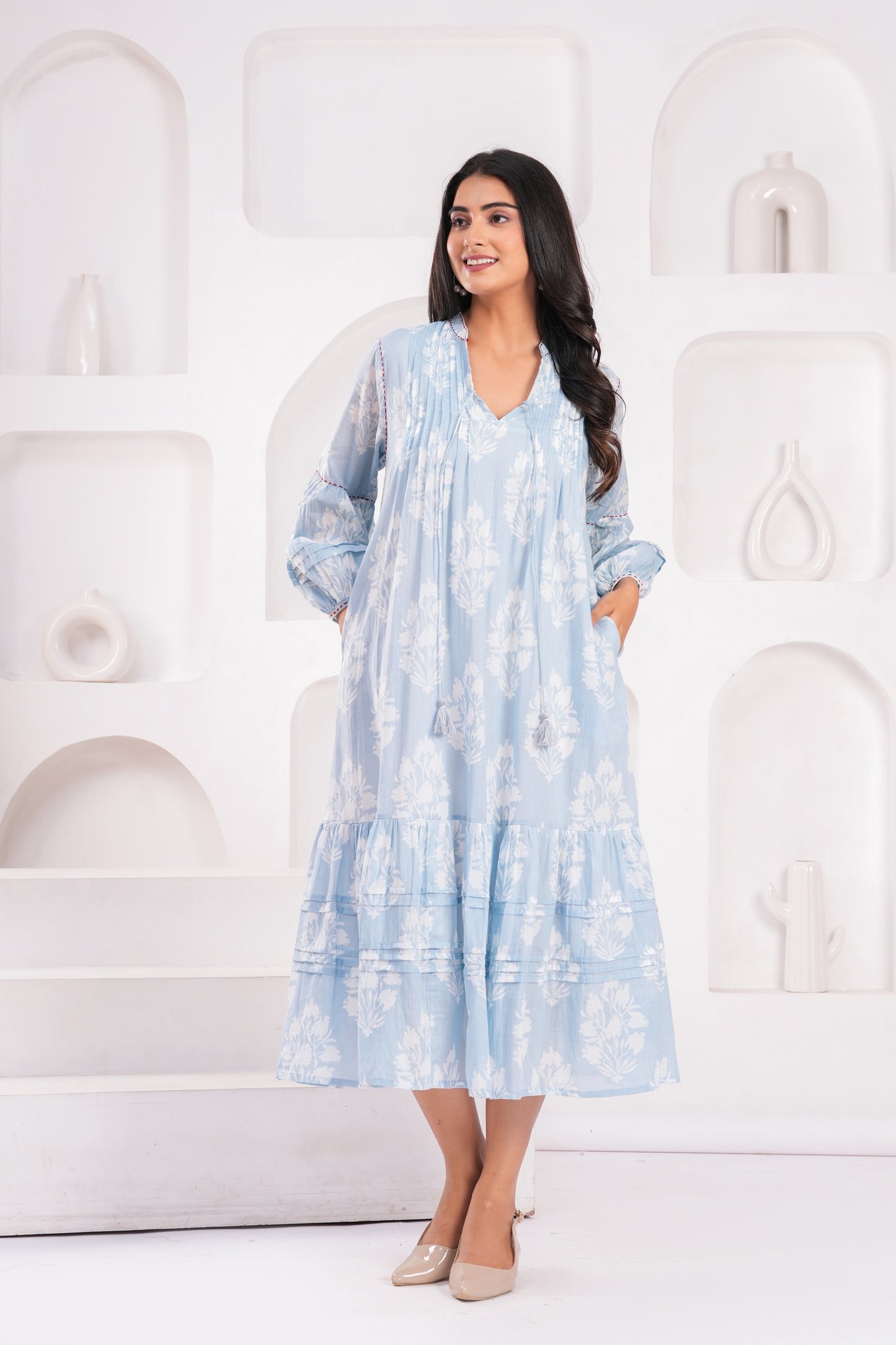 Light Blue & Pink Hand Block Printed Cotton Midi Dress with Kantha Details