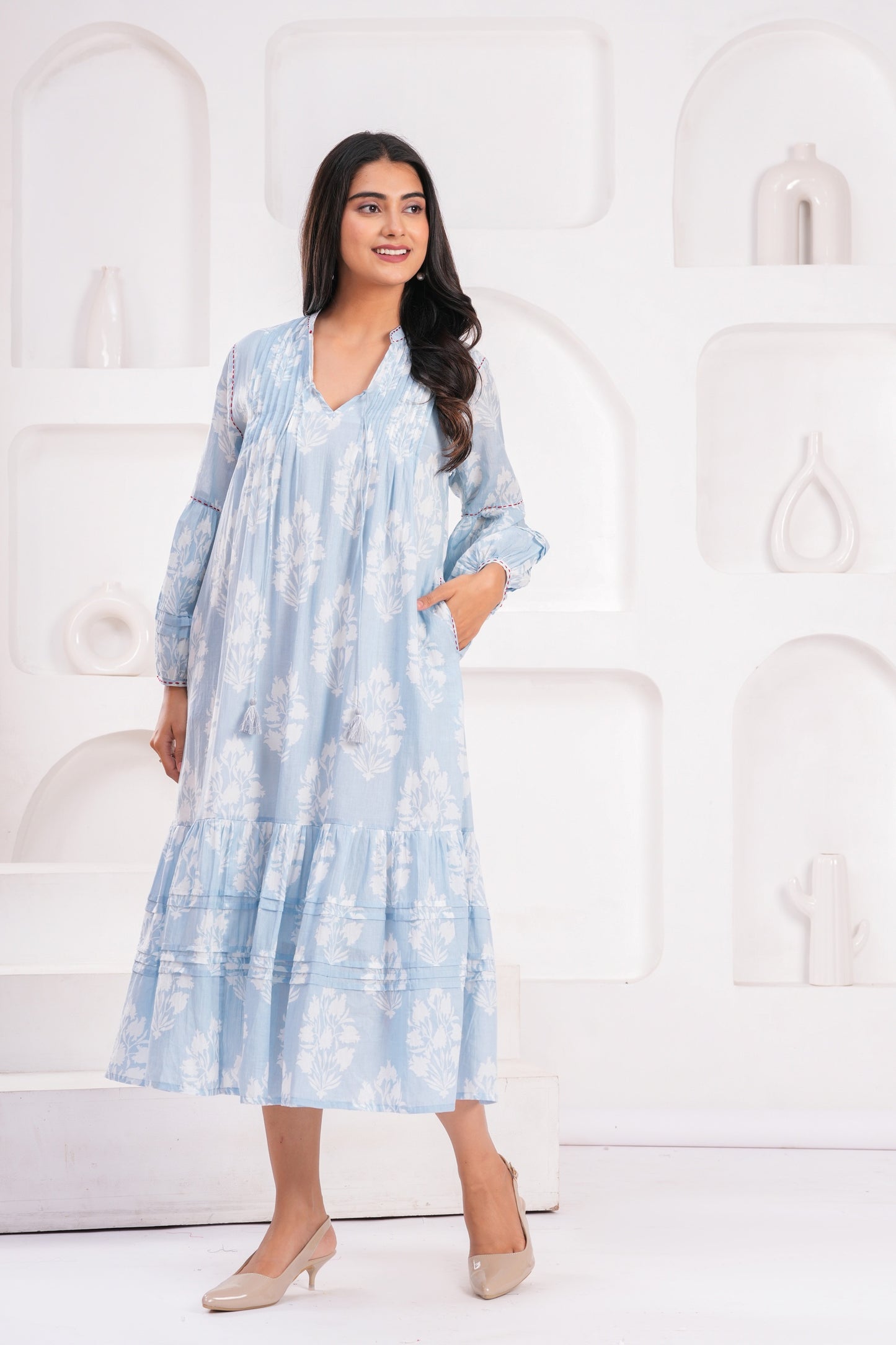 Light Blue & Pink Hand Block Printed Cotton Midi Dress with Kantha Details