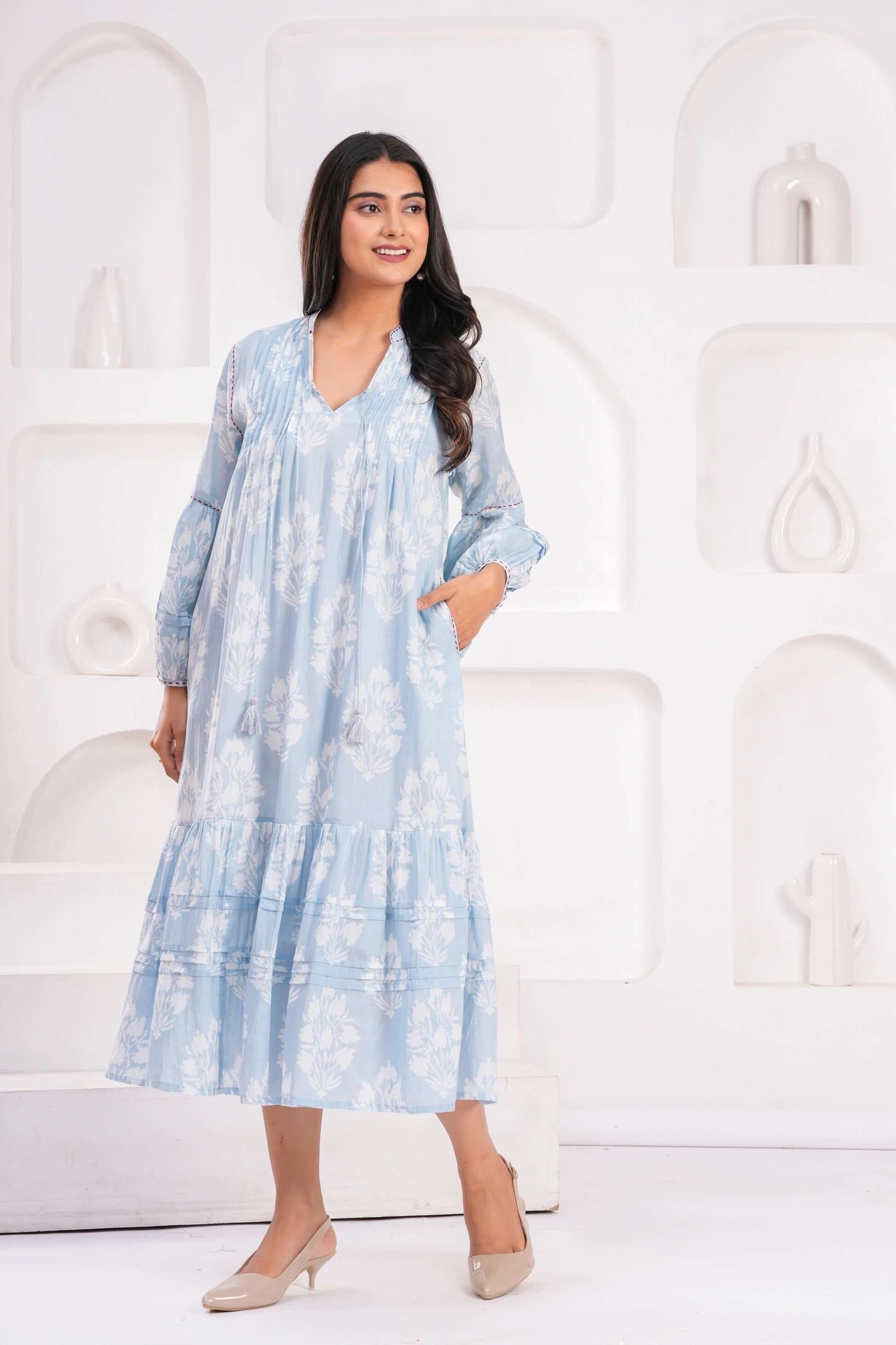 Light Blue & Pink Hand Block Printed Cotton Midi Dress with Kantha Details