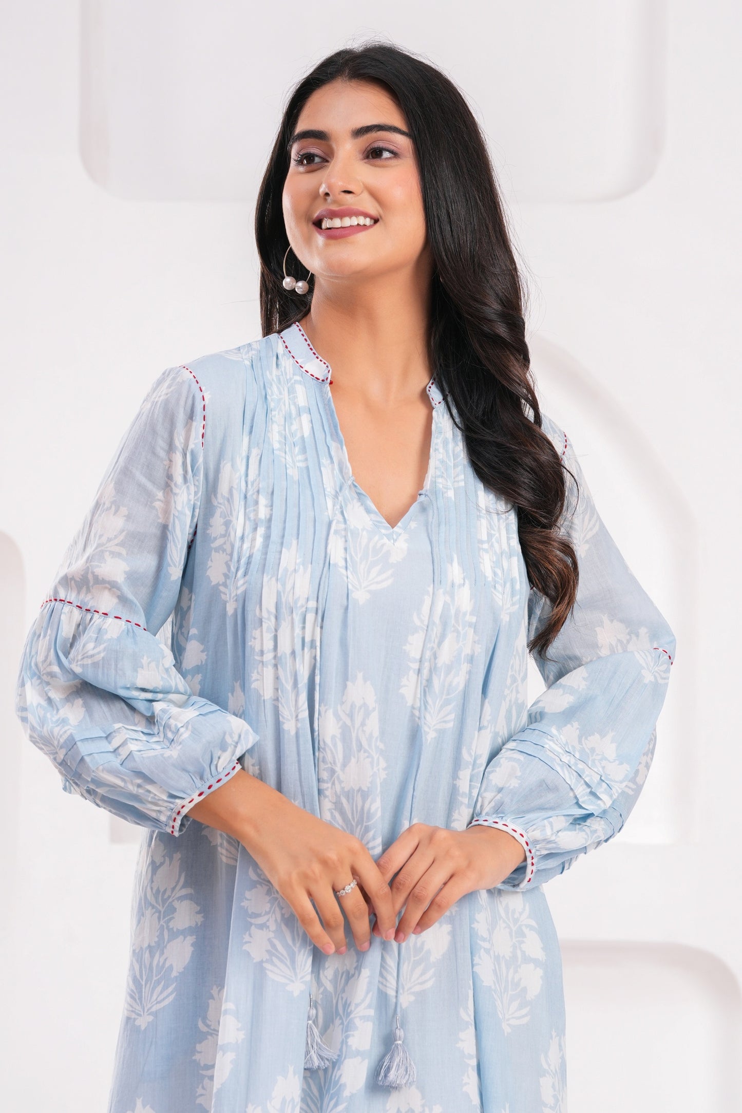 Light Blue & Pink Hand Block Printed Cotton Midi Dress with Kantha Details