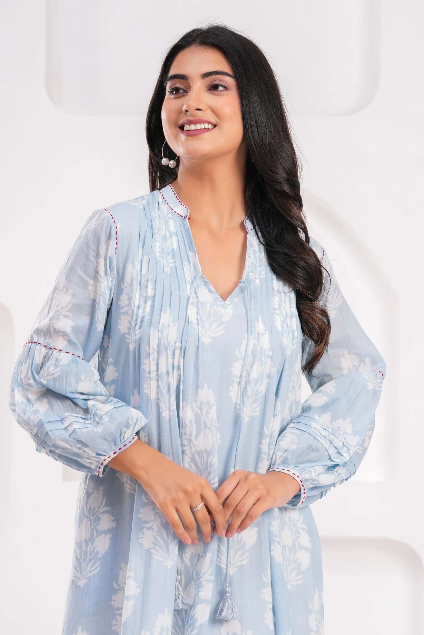 Light Blue & Pink Hand Block Printed Cotton Midi Dress with Kantha Details