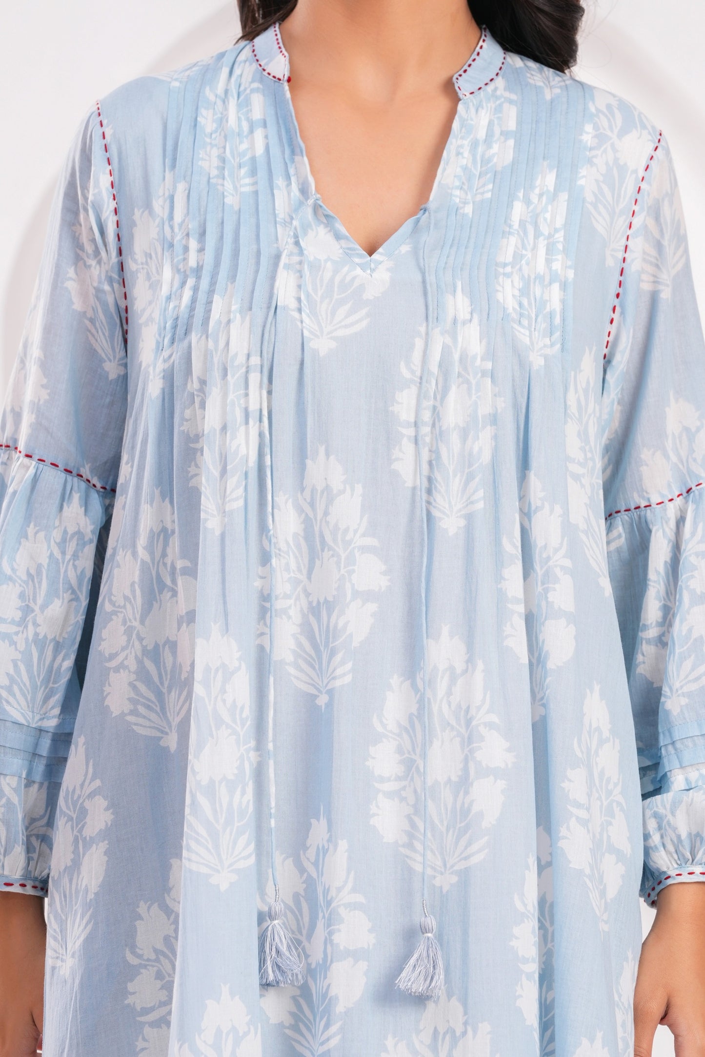 Light Blue & Pink Hand Block Printed Cotton Midi Dress with Kantha Details