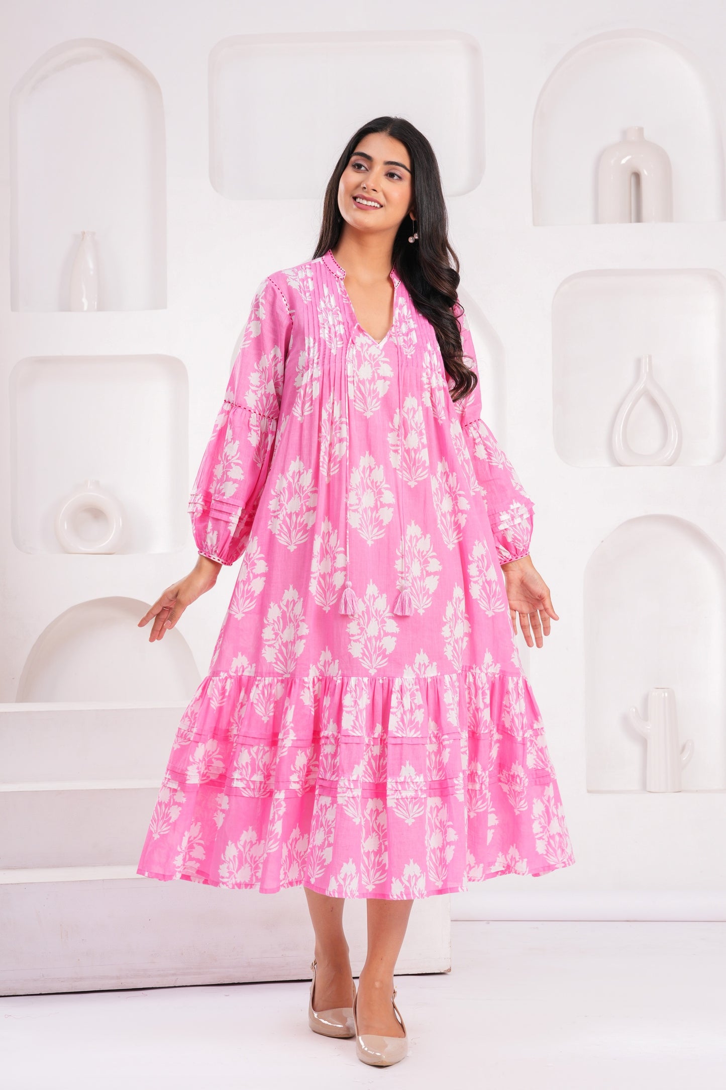 Light Blue & Pink Hand Block Printed Cotton Midi Dress with Kantha Details