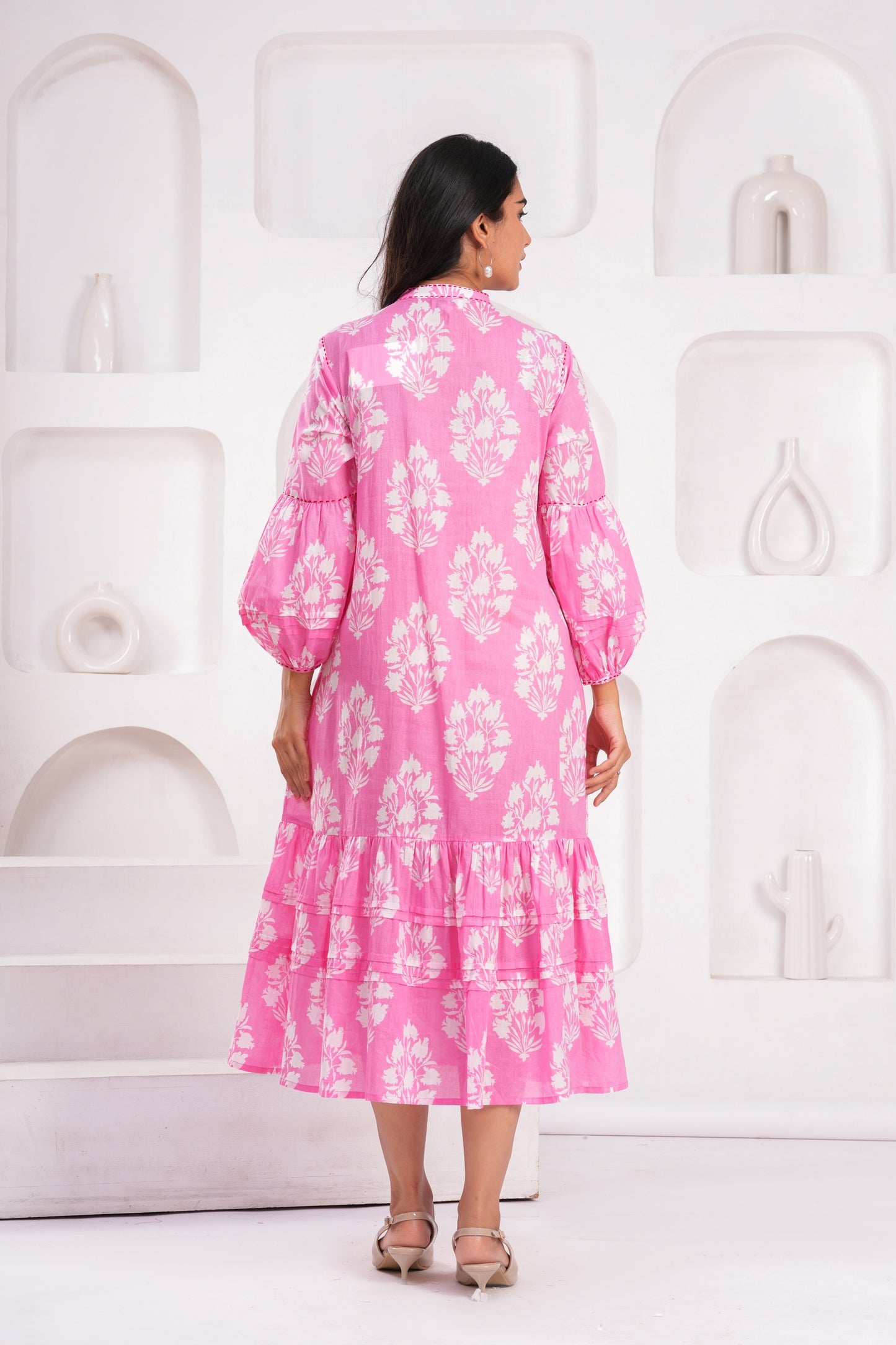 Light Blue & Pink Hand Block Printed Cotton Midi Dress with Kantha Details