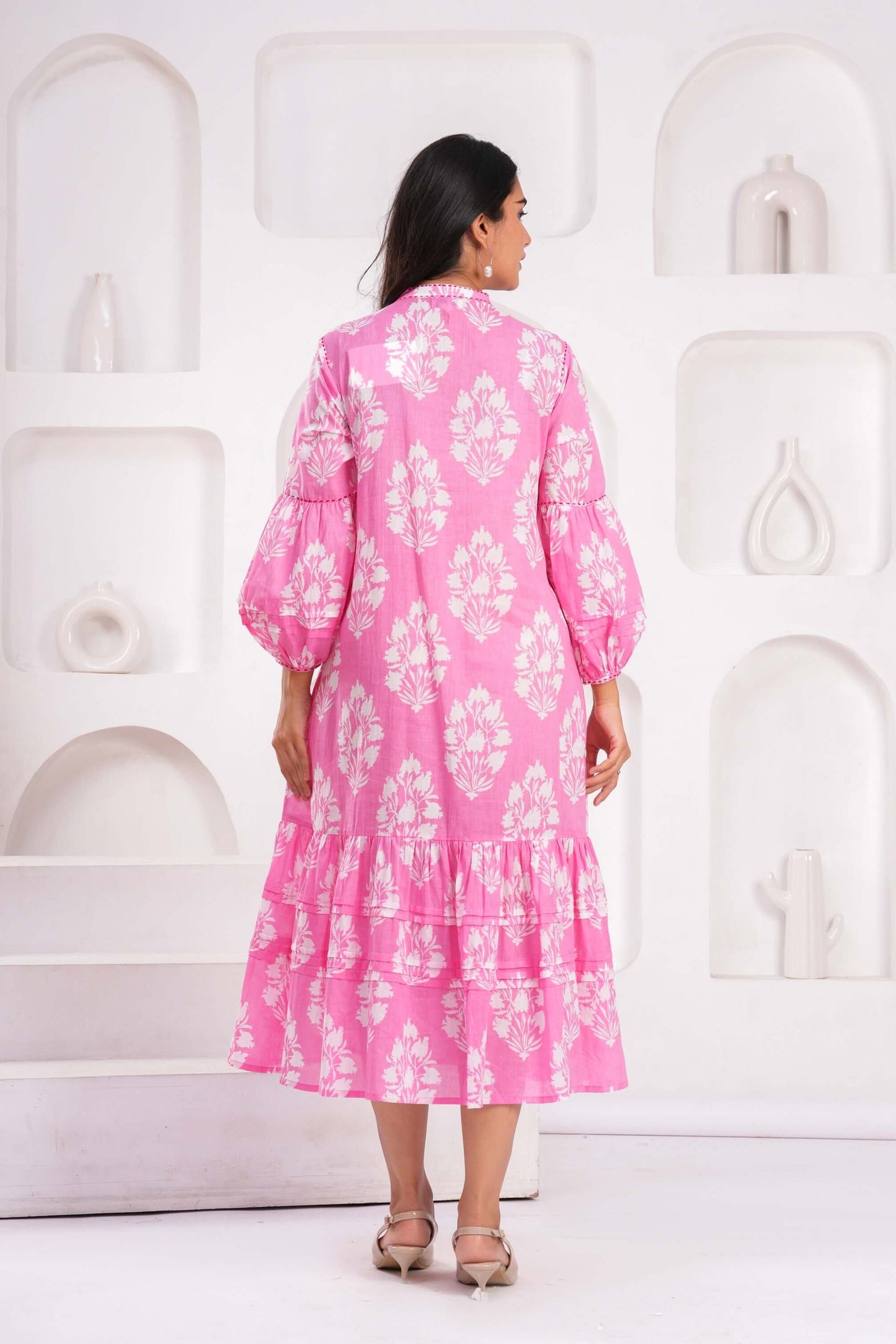 Light Blue & Pink Hand Block Printed Cotton Midi Dress with Kantha Details