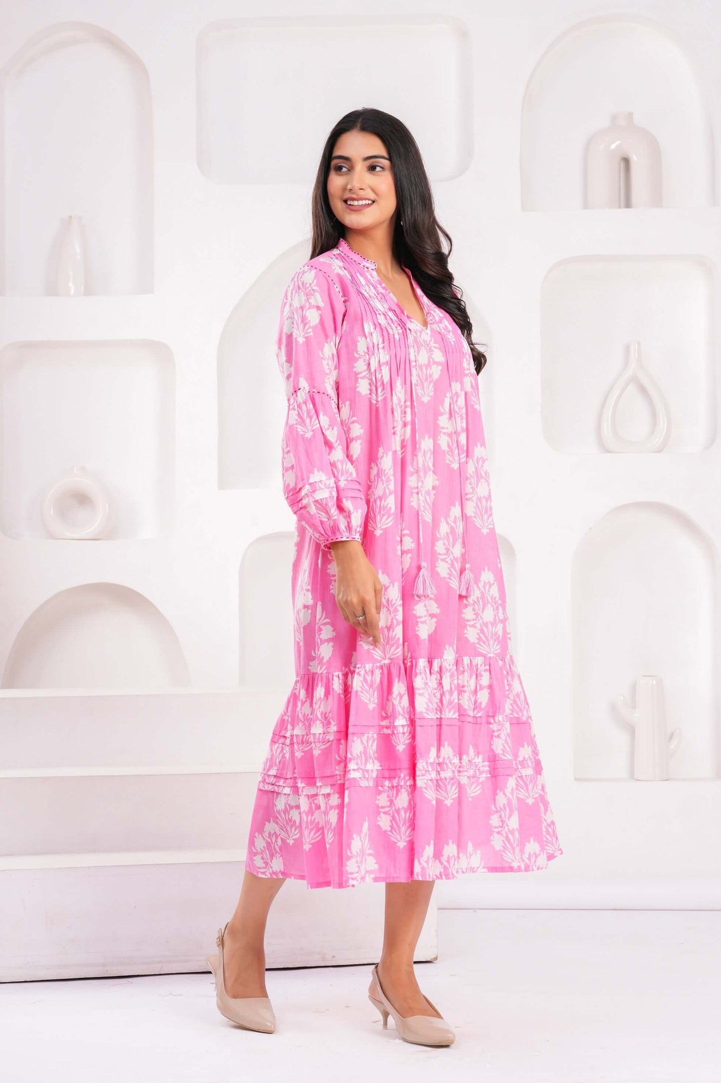 Light Blue & Pink Hand Block Printed Cotton Midi Dress with Kantha Details