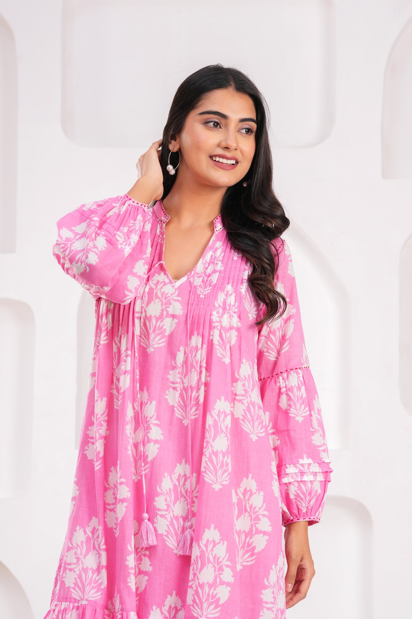 Light Blue & Pink Hand Block Printed Cotton Midi Dress with Kantha Details