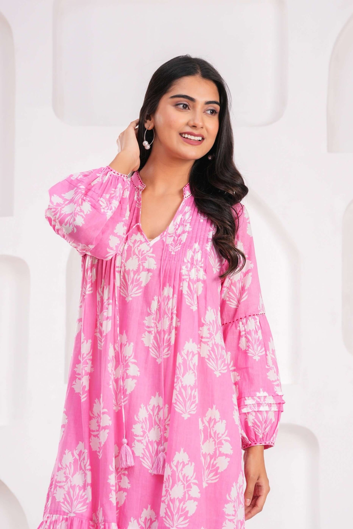 Light Blue & Pink Hand Block Printed Cotton Midi Dress with Kantha Details