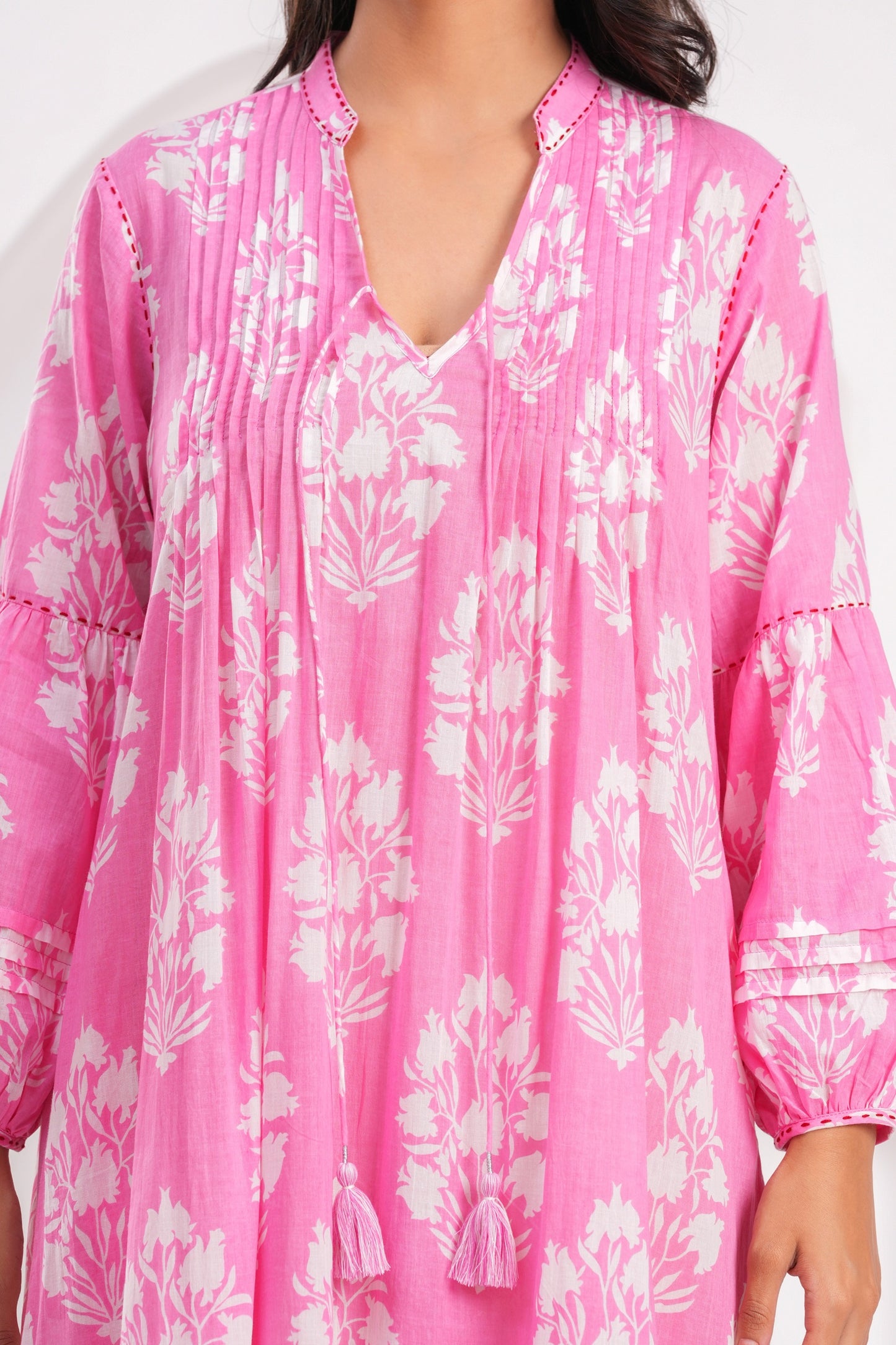Light Blue & Pink Hand Block Printed Cotton Midi Dress with Kantha Details
