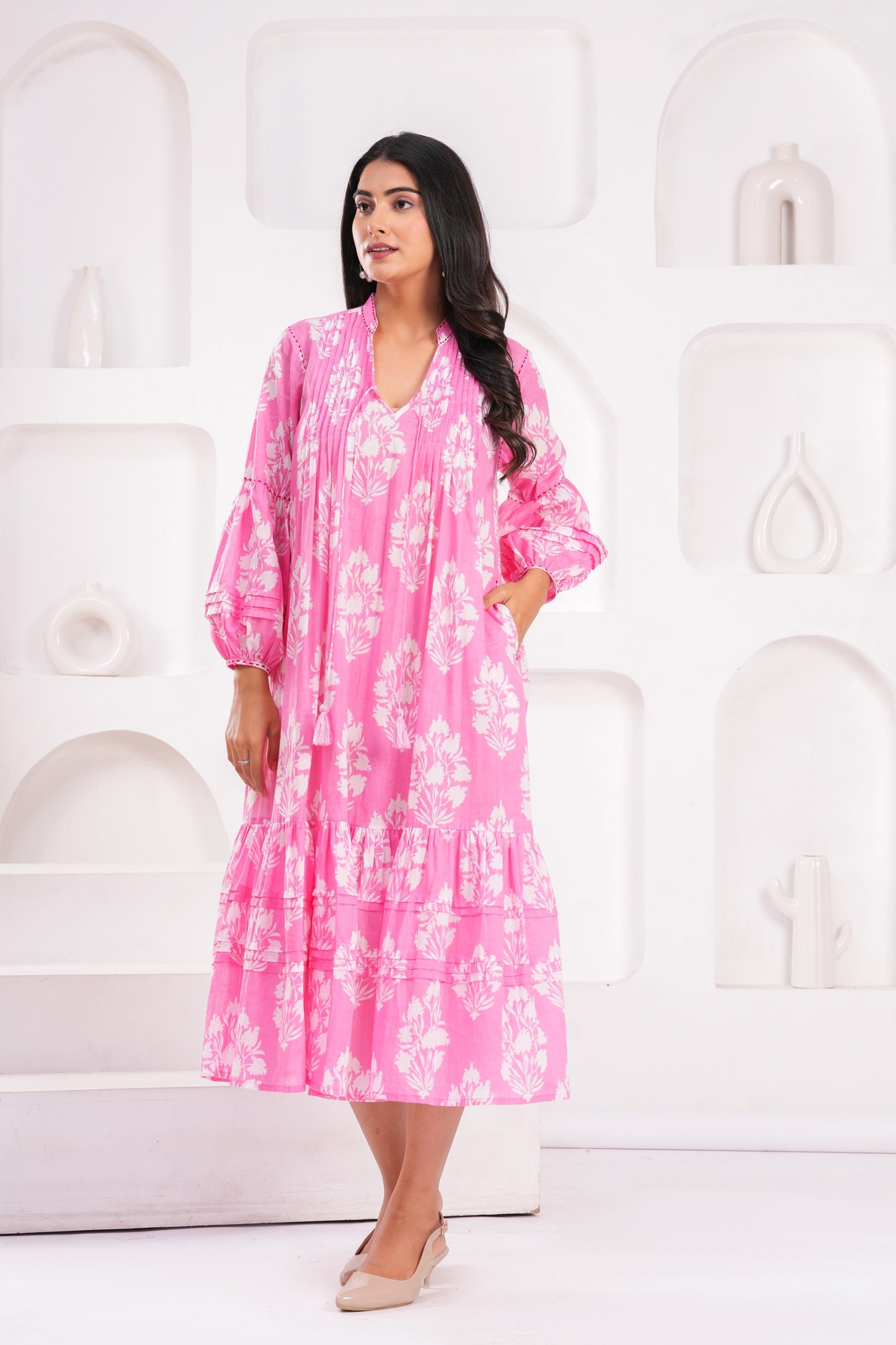 Light Blue & Pink Hand Block Printed Cotton Midi Dress with Kantha Details