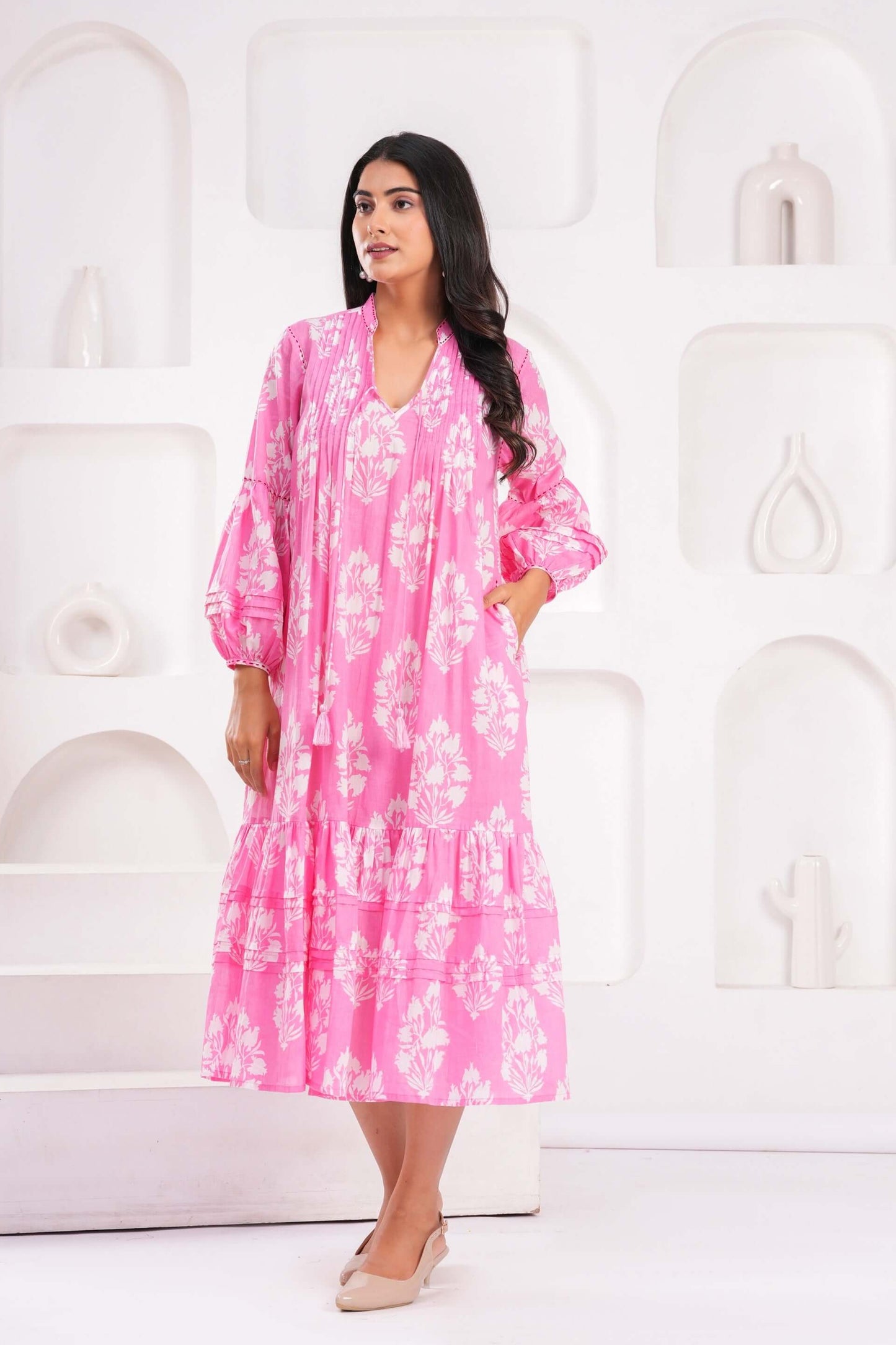 Light Blue & Pink Hand Block Printed Cotton Midi Dress with Kantha Details