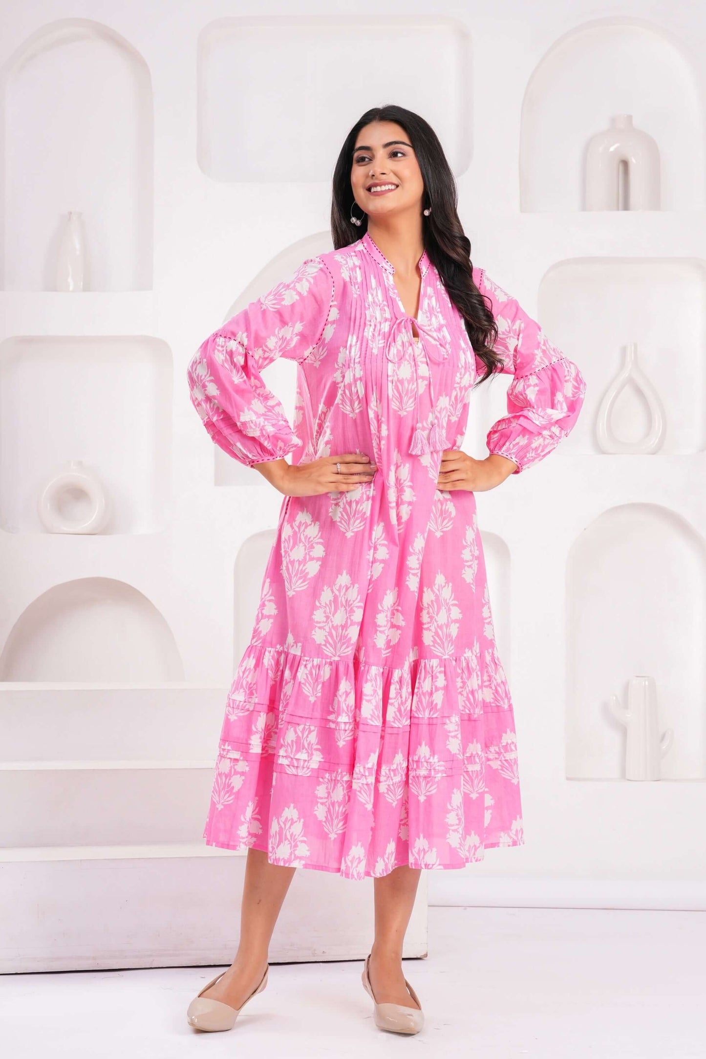 Light Blue & Pink Hand Block Printed Cotton Midi Dress with Kantha Details