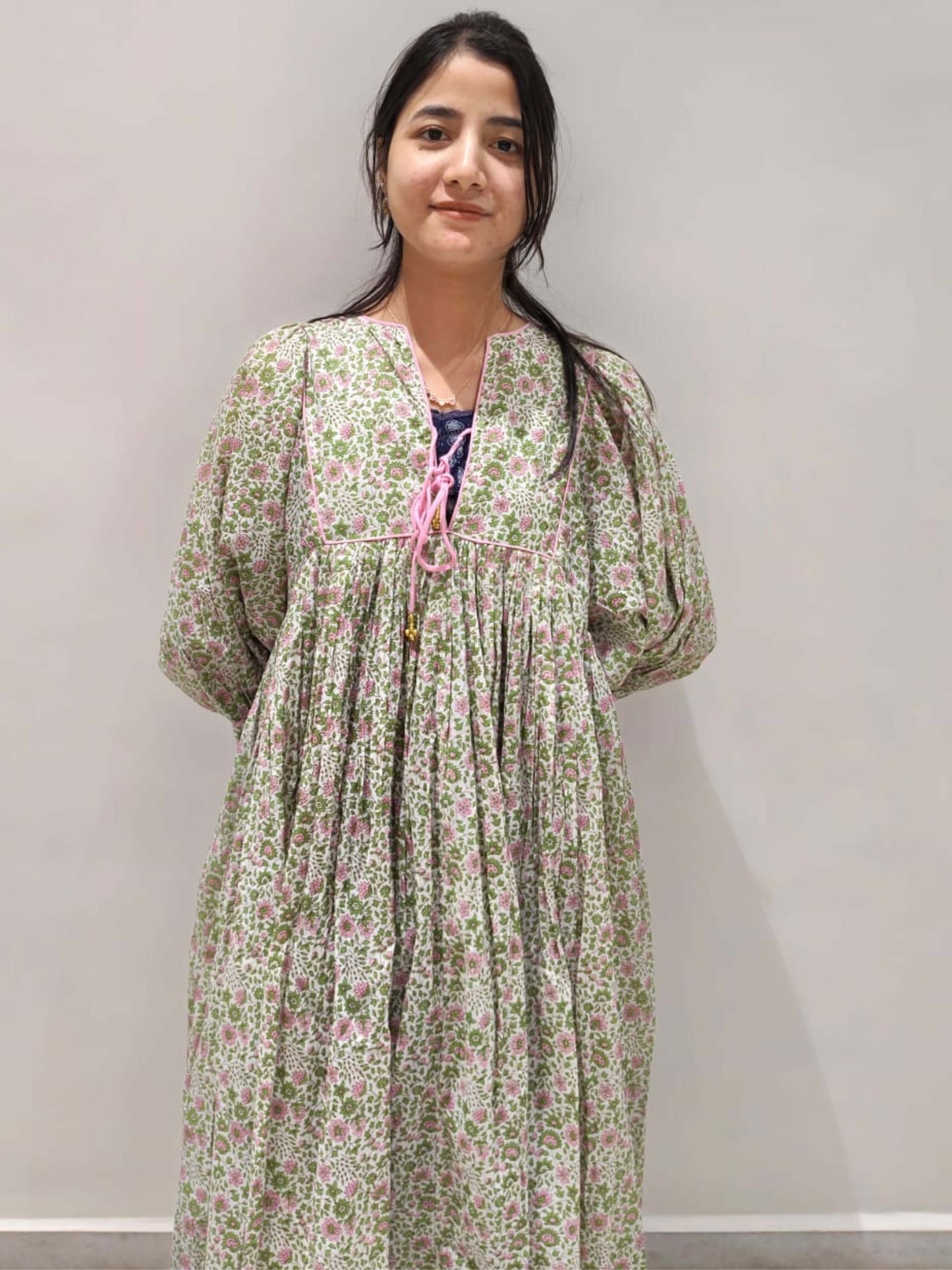 Floral Hand Block Print Cotton Midi Dress with Tie-Up Neck