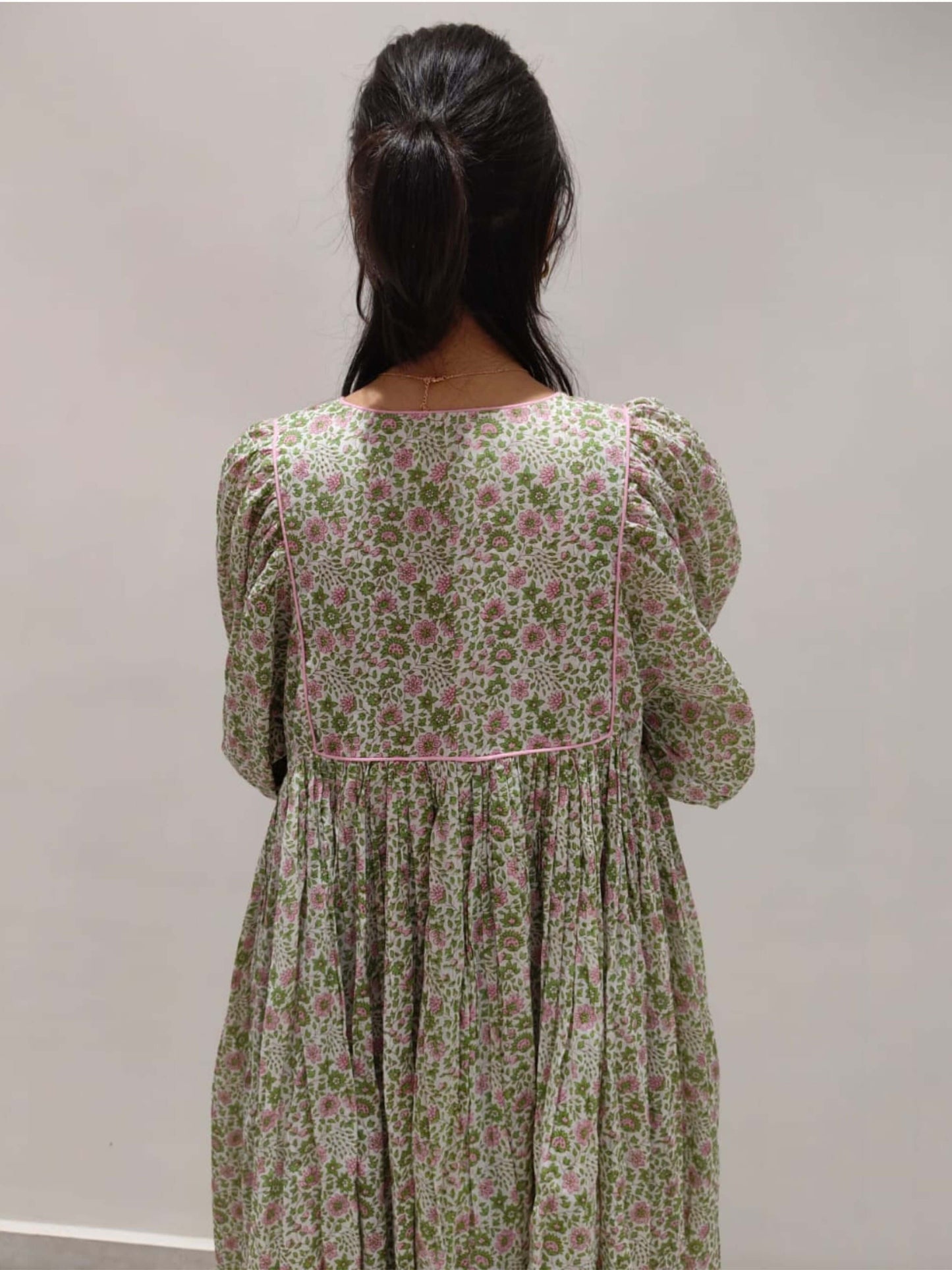 Floral Hand Block Print Cotton Midi Dress with Tie-Up Neck