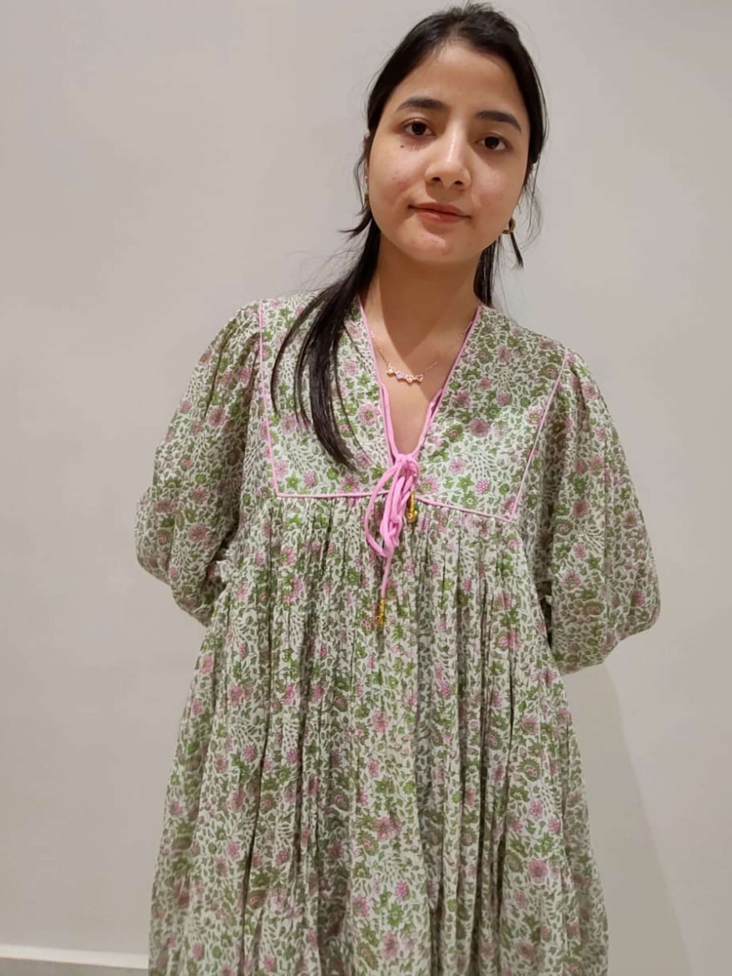 Floral Hand Block Print Cotton Midi Dress with Tie-Up Neck