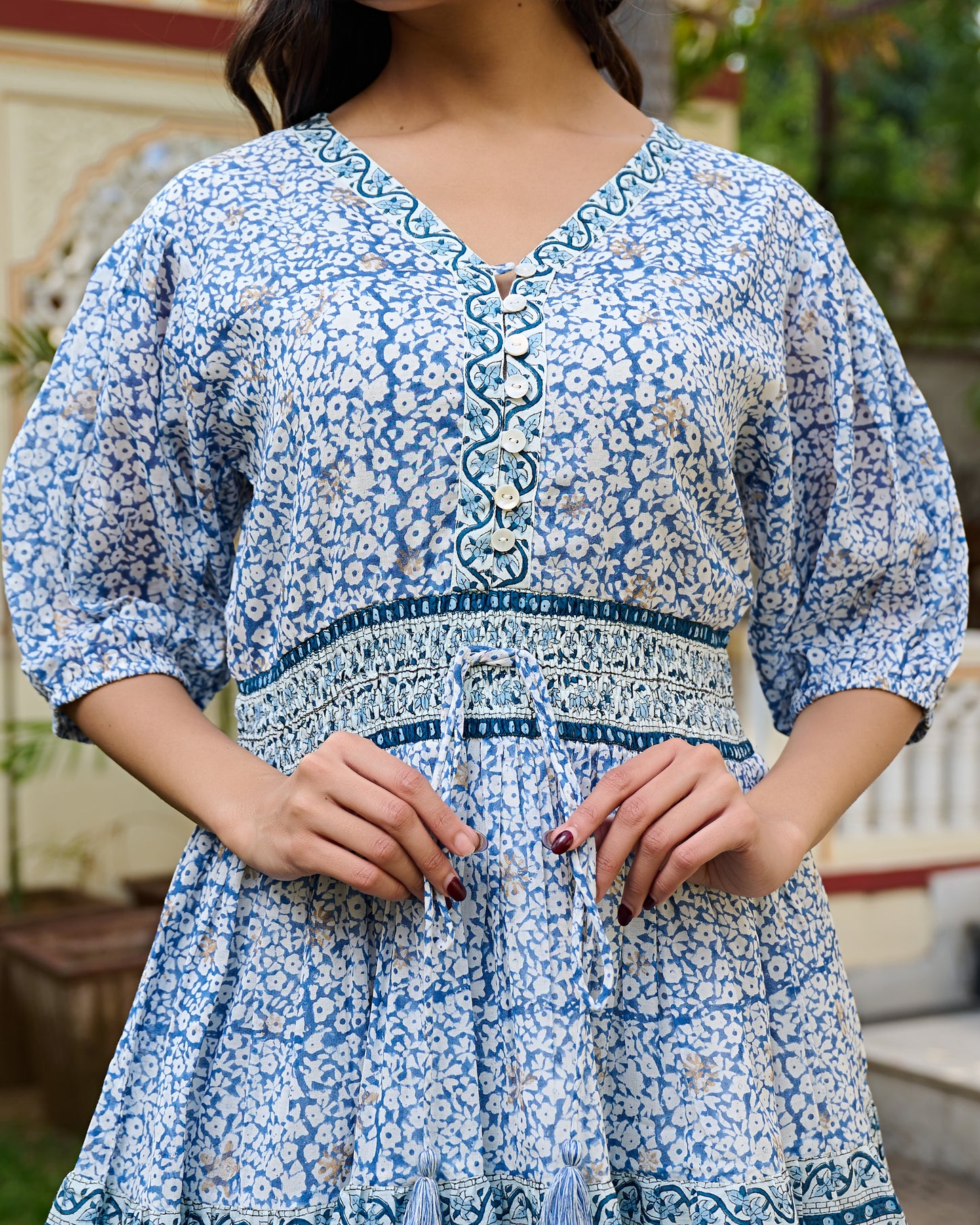 Hand Block Printed Cotton Mini Dress Blue Floral with Waist Tie