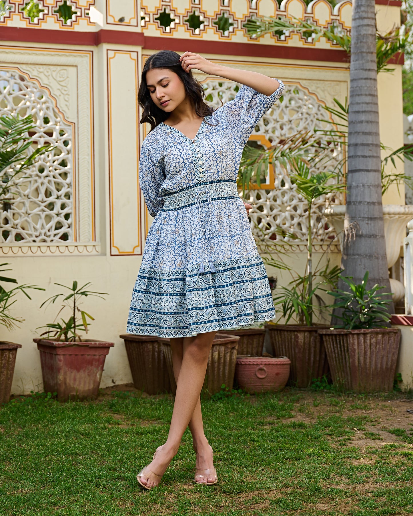 Hand Block Printed Cotton Mini Dress Blue Floral with Waist Tie