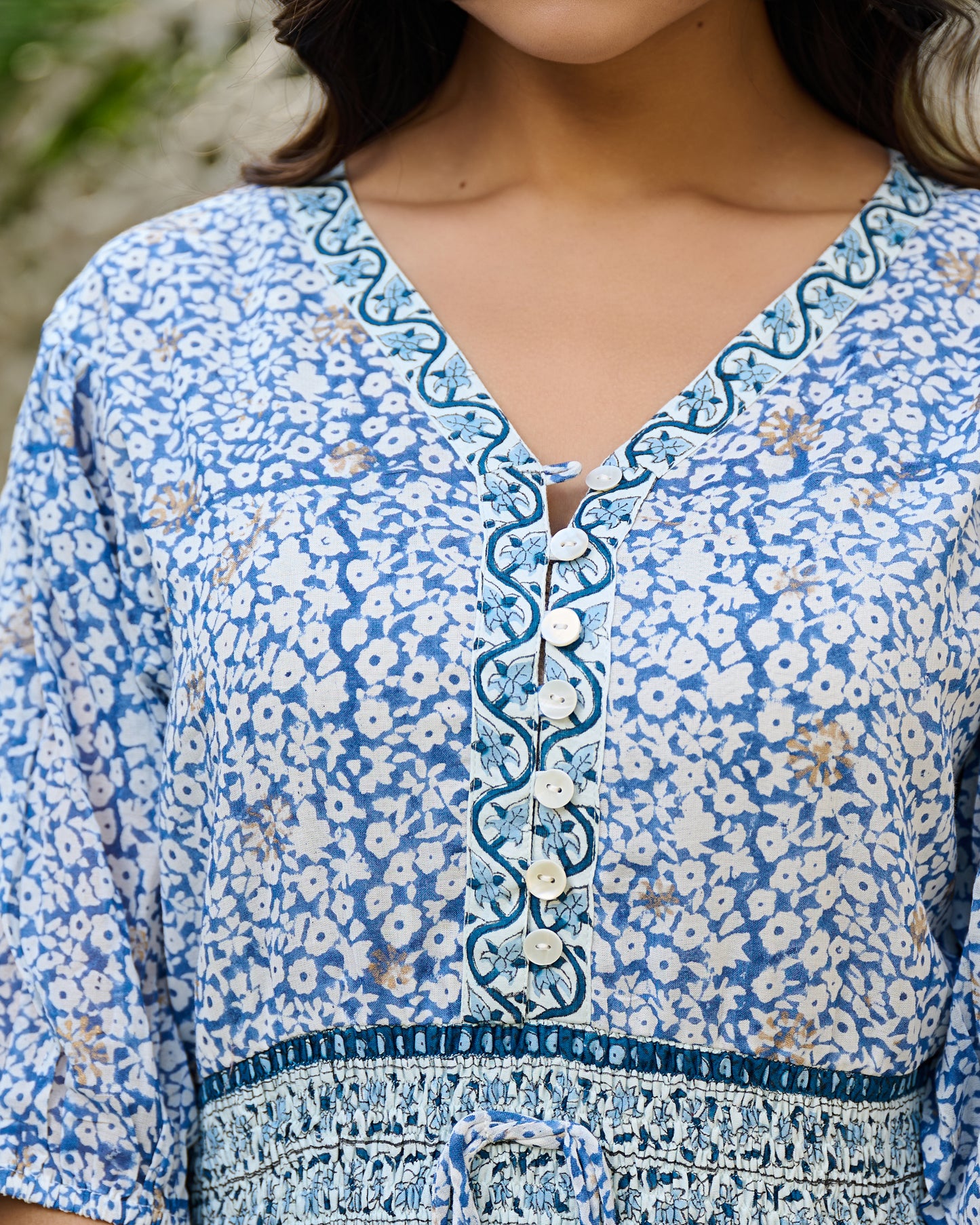Hand Block Printed Cotton Mini Dress Blue Floral with Waist Tie