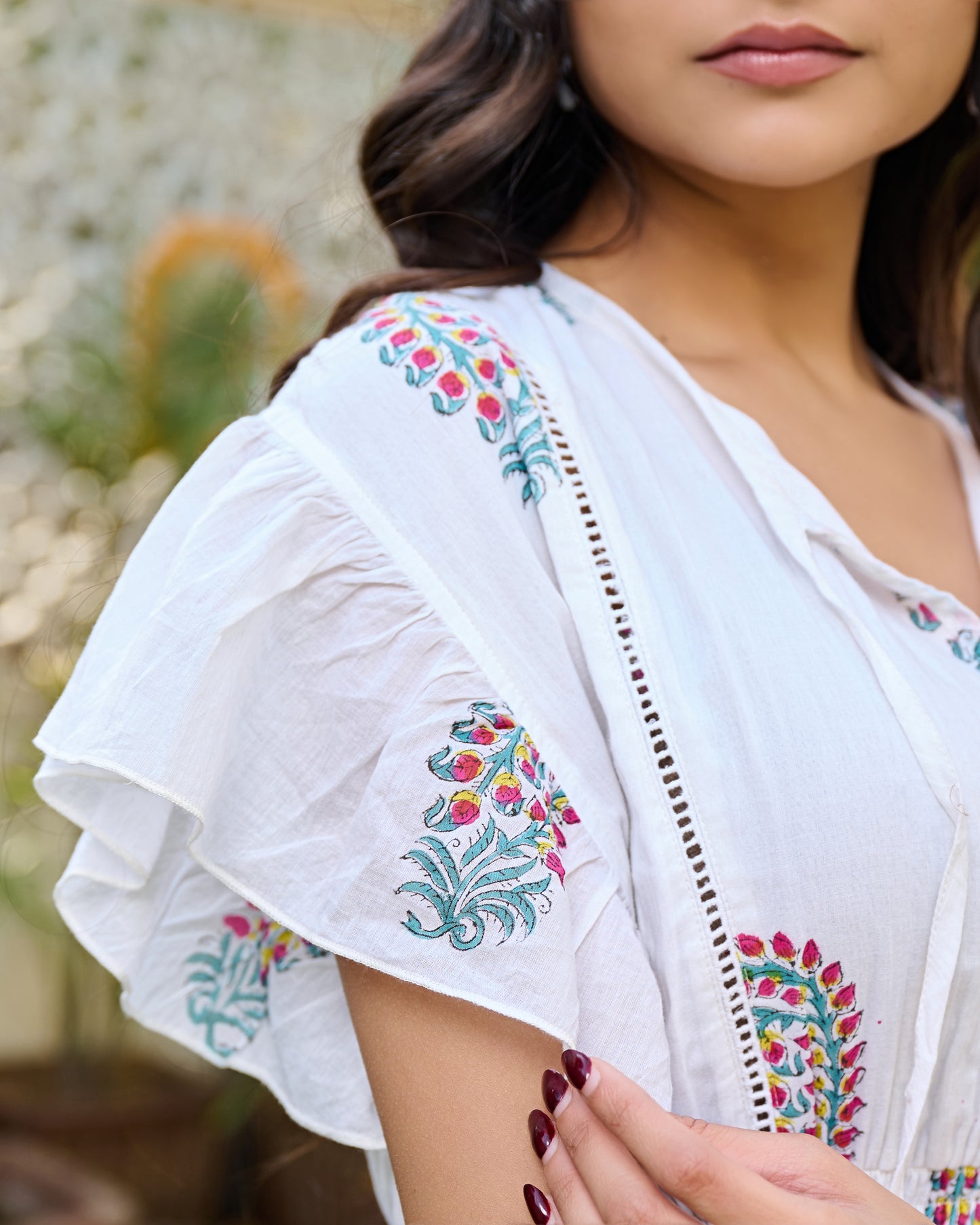 White Hand-Block Printed Cotton Tiered Mini Dress – Boho Chic