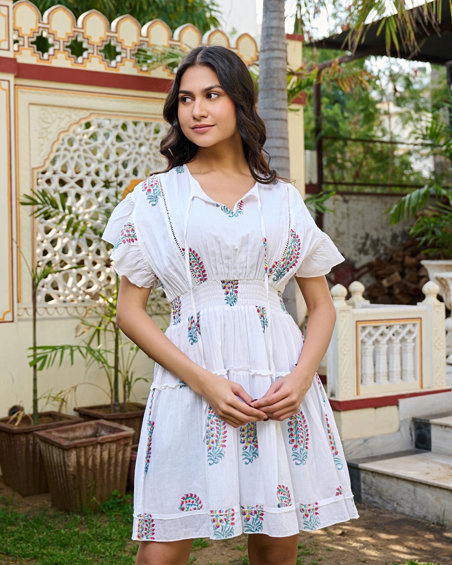 White Hand-Block Printed Cotton Tiered Mini Dress – Boho Chic