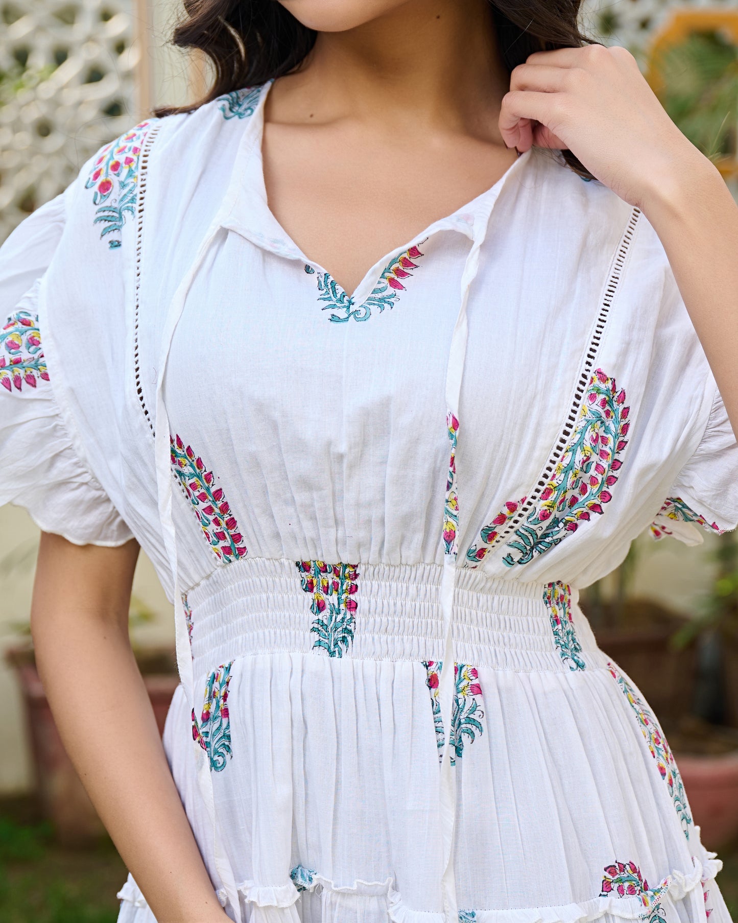 White Hand-Block Printed Cotton Tiered Mini Dress – Boho Chic