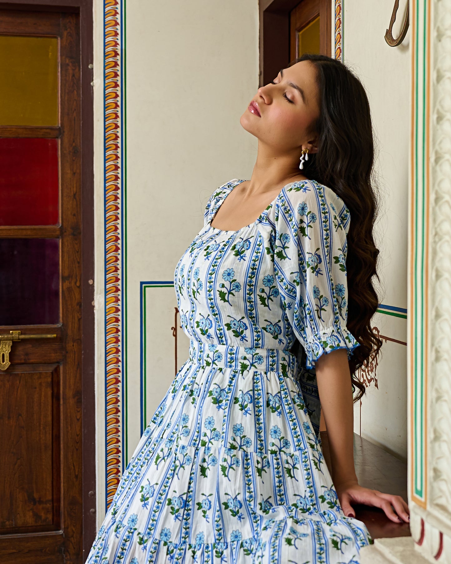 Blue & White Floral Hand-Block Printed Cotton Mini Dress – Tie-Up Back