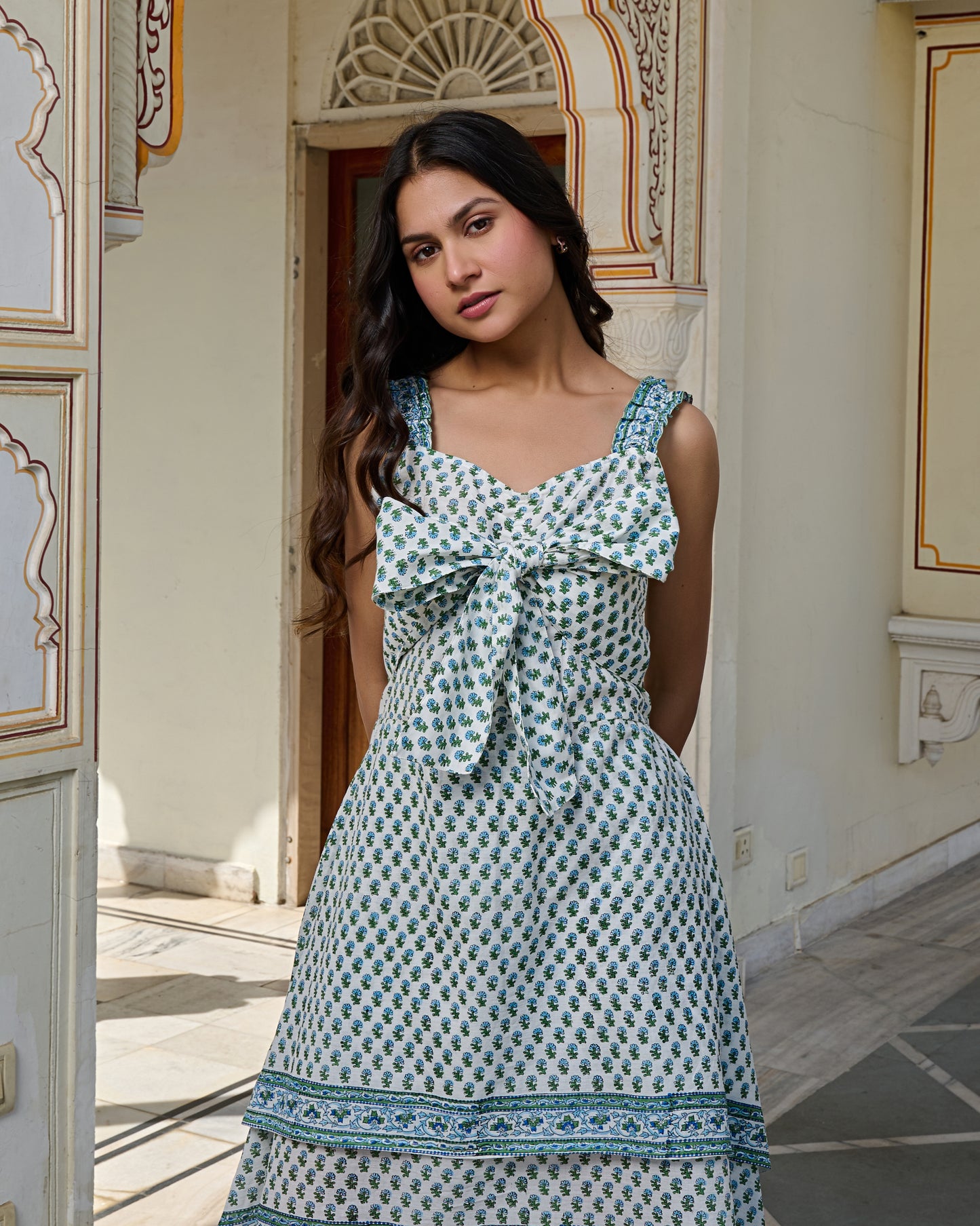 Handcrafted Cotton High-Low Mini Dress Bow Tie Front & Back