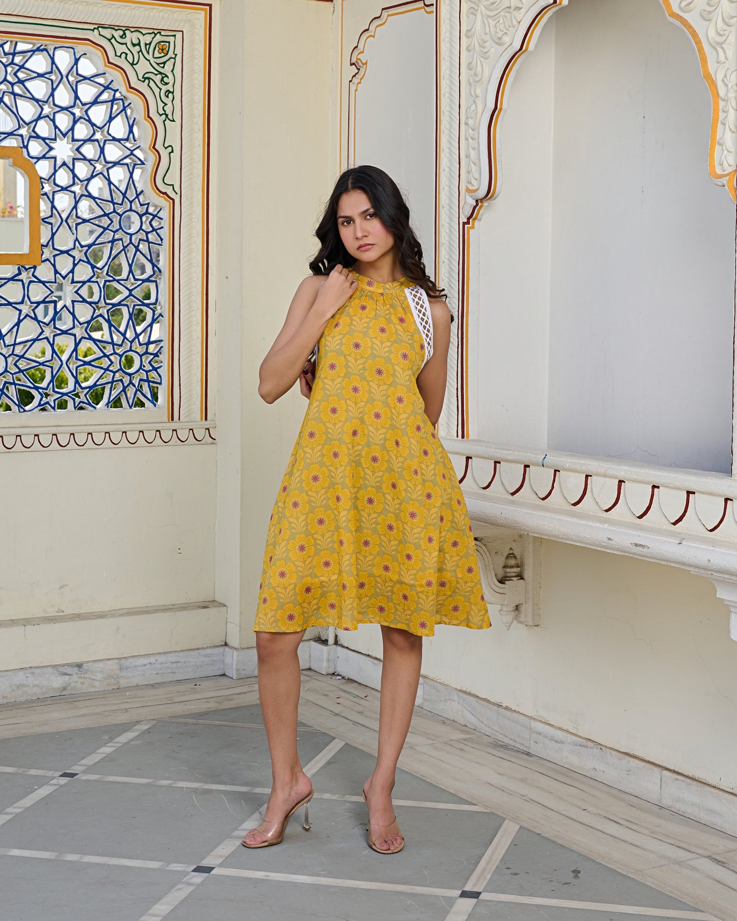 Golden Bloom Halter Cotton Mini Dress Elegant & Breathable Summer Wear