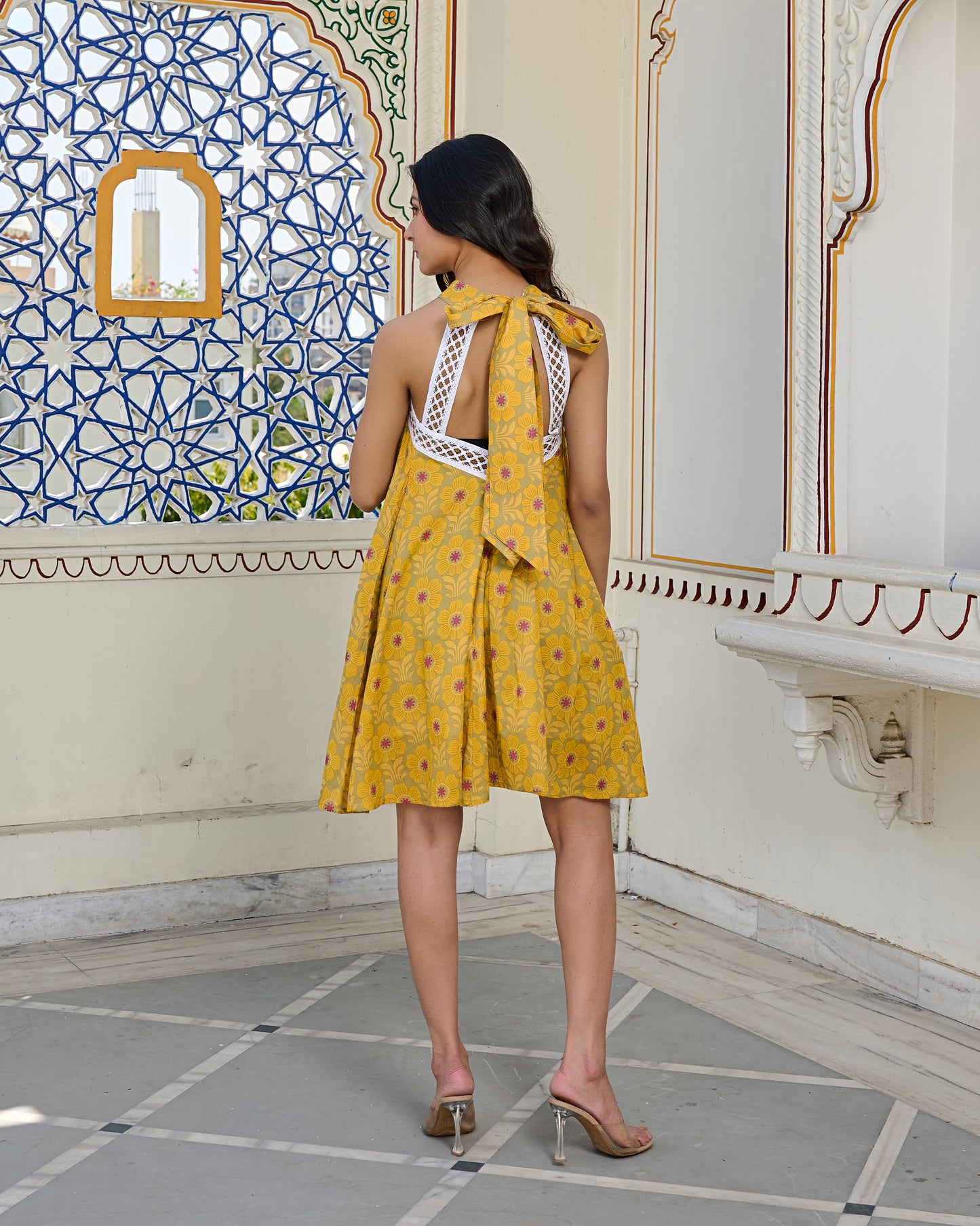 Golden Bloom Halter Cotton Mini Dress Elegant & Breathable Summer Wear