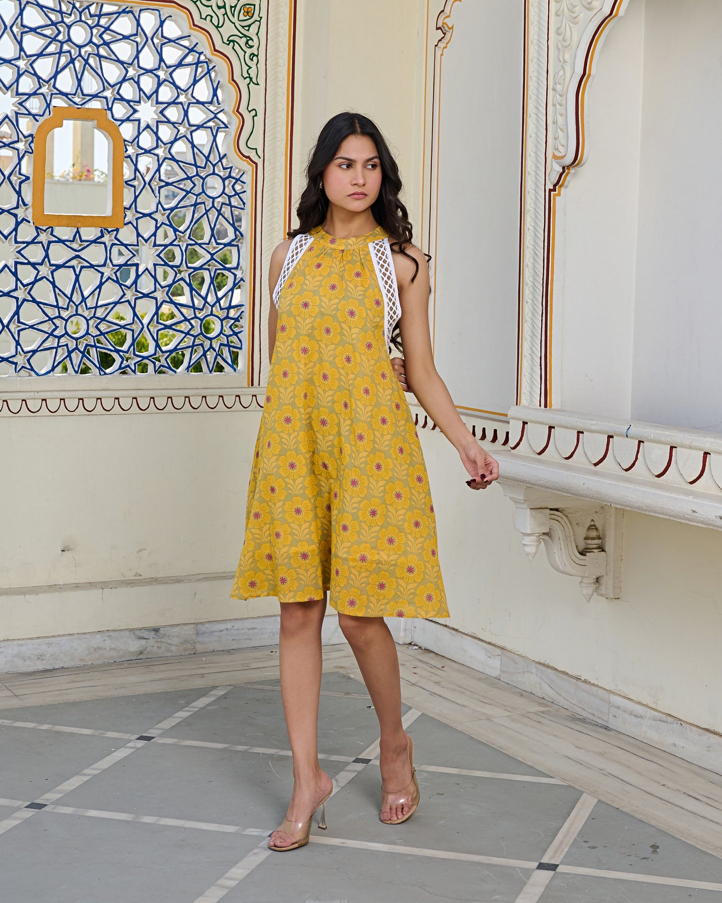 Golden Bloom Halter Cotton Mini Dress Elegant & Breathable Summer Wear