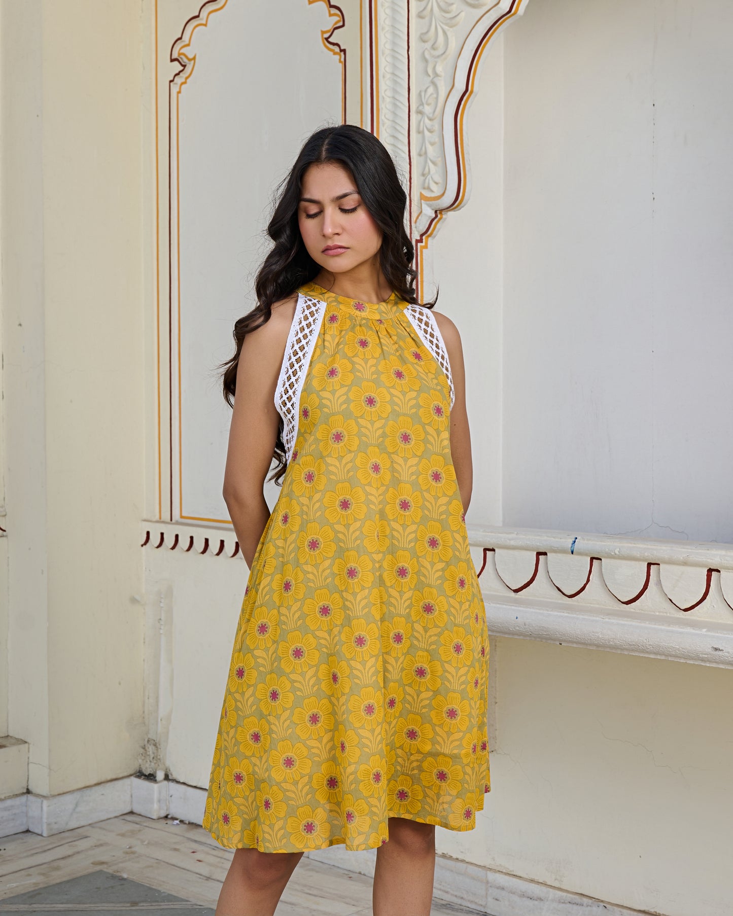 Golden Bloom Halter Cotton Mini Dress Elegant & Breathable Summer Wear