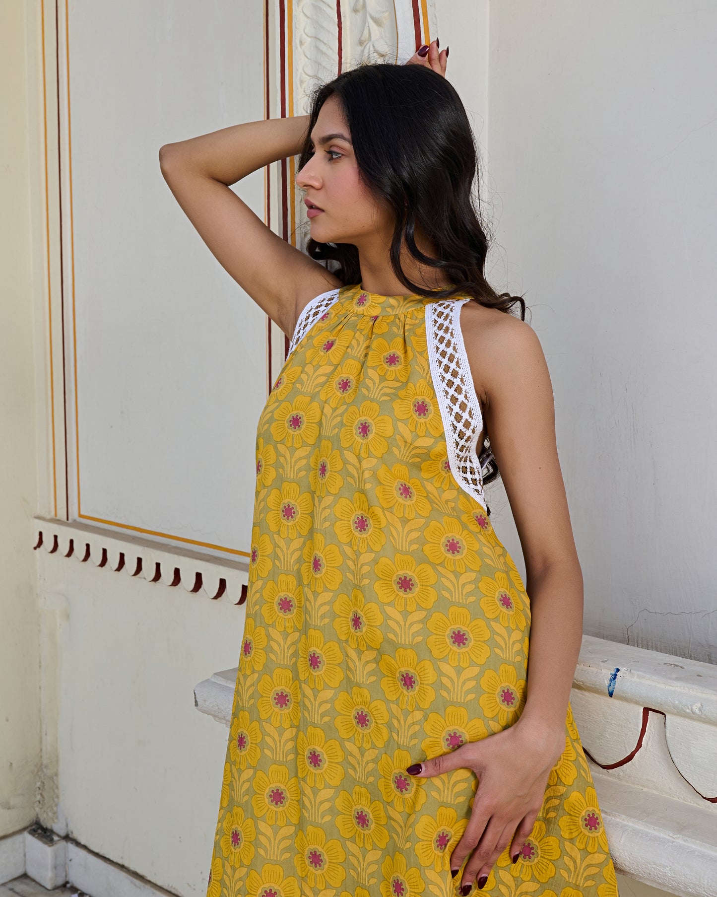 Golden Bloom Halter Cotton Mini Dress Elegant & Breathable Summer Wear