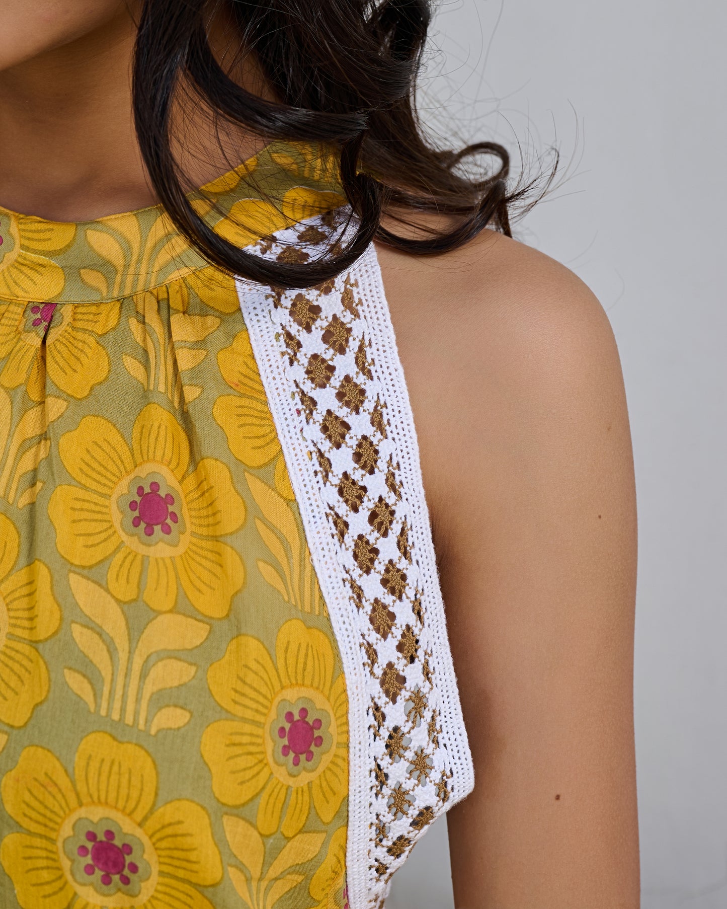 Golden Bloom Halter Cotton Mini Dress Elegant & Breathable Summer Wear