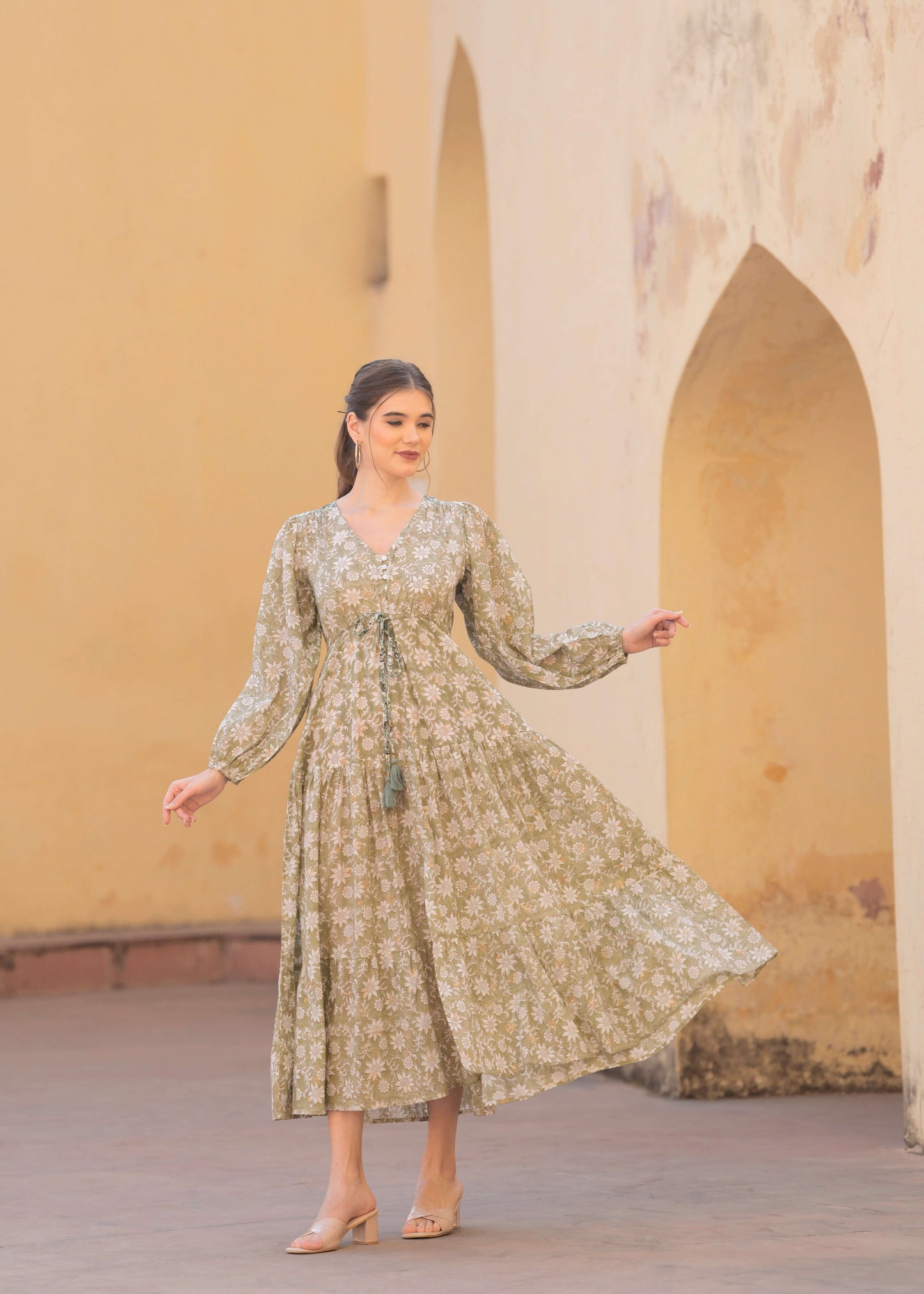 Introducing Hand block Printed Abby Green printed Maxi Dress.