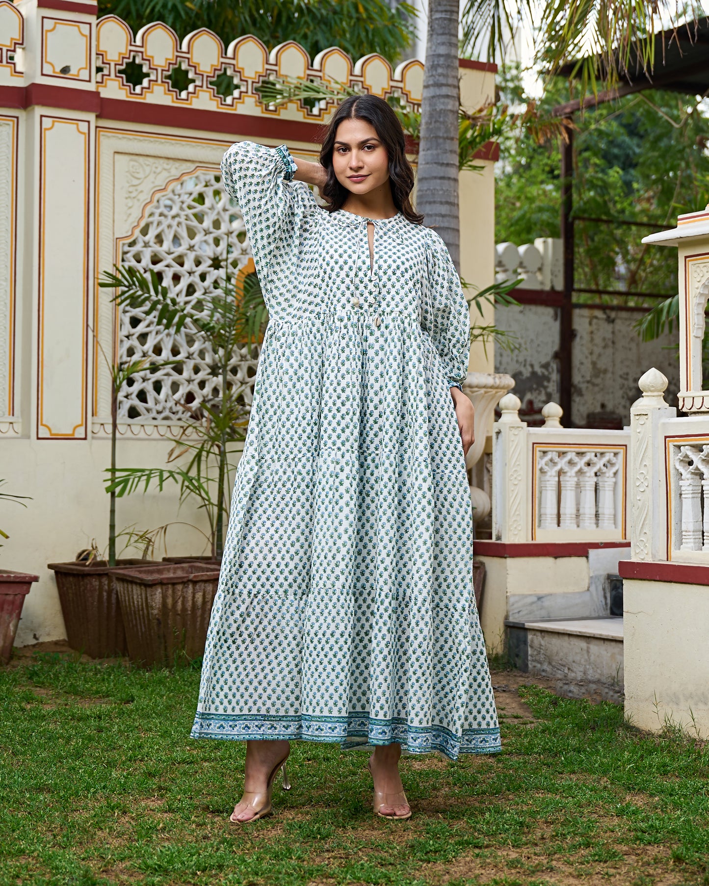 Hand Block Print Maxi Dress Boho Chic Flowy Dress with 3/4 Sleeves