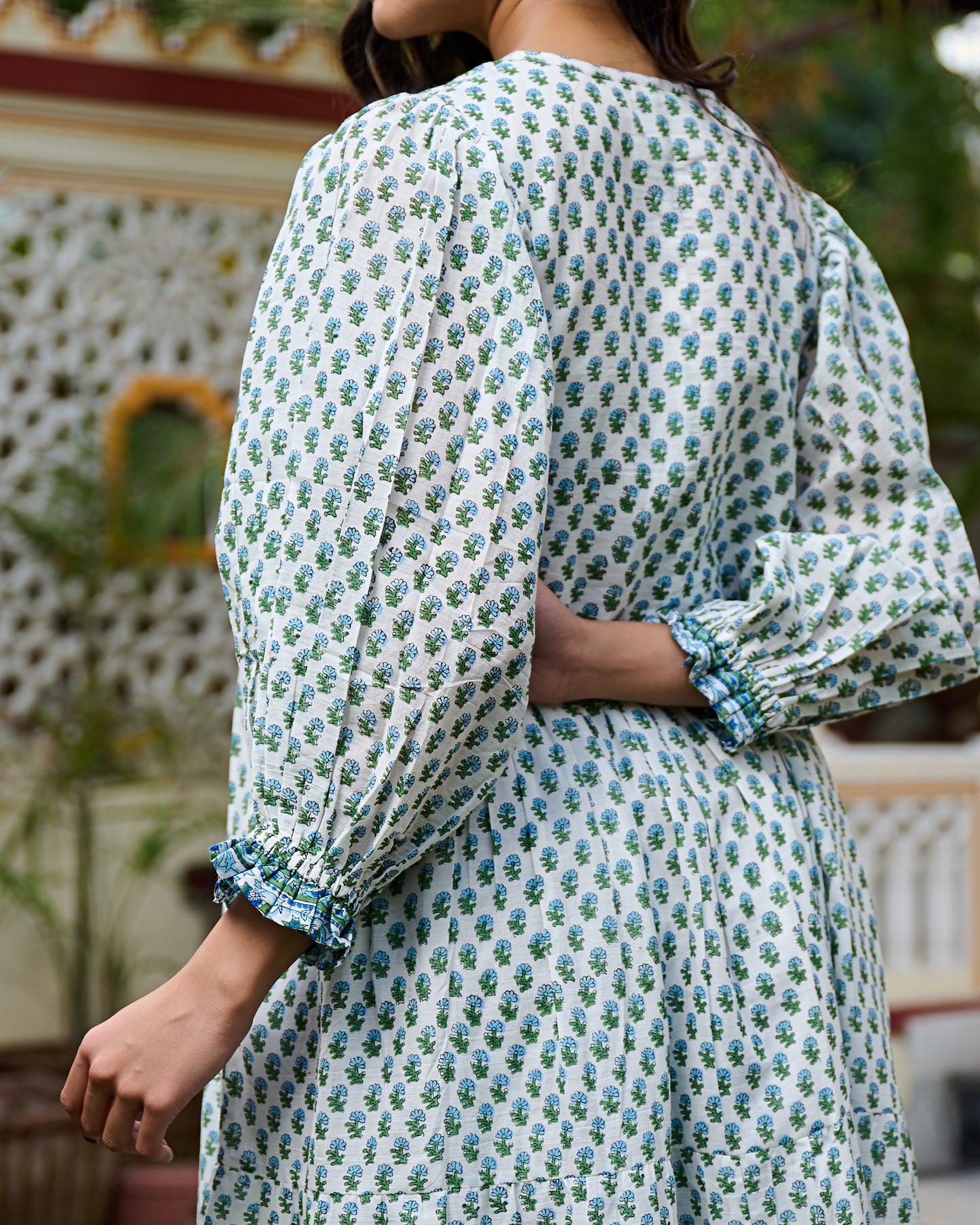 Hand Block Print Maxi Dress Boho Chic Flowy Dress with 3/4 Sleeves
