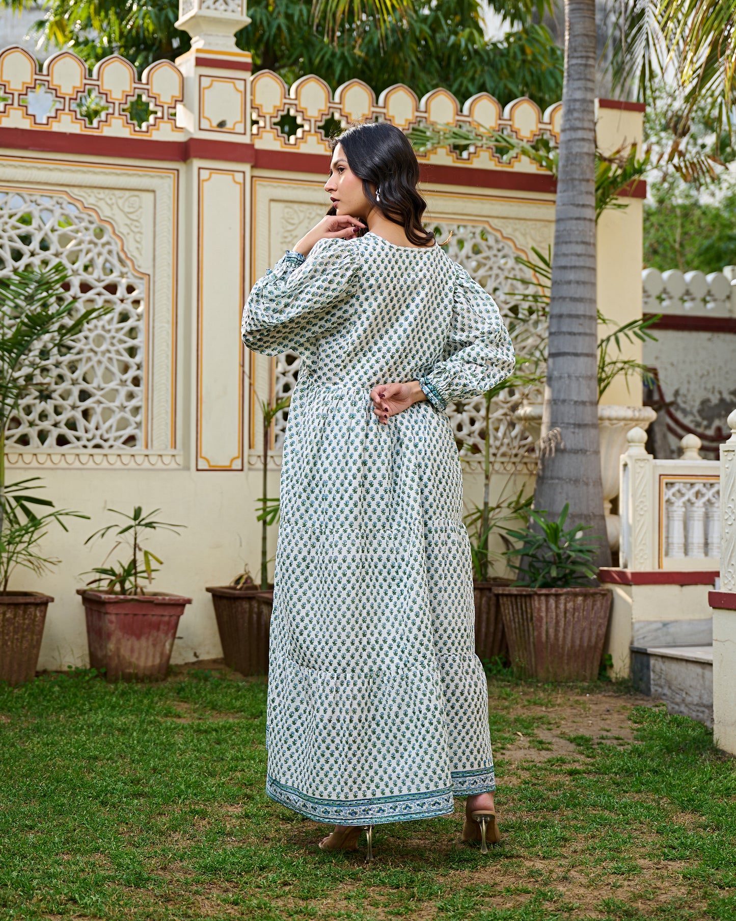 Hand Block Print Maxi Dress Boho Chic Flowy Dress with 3/4 Sleeves