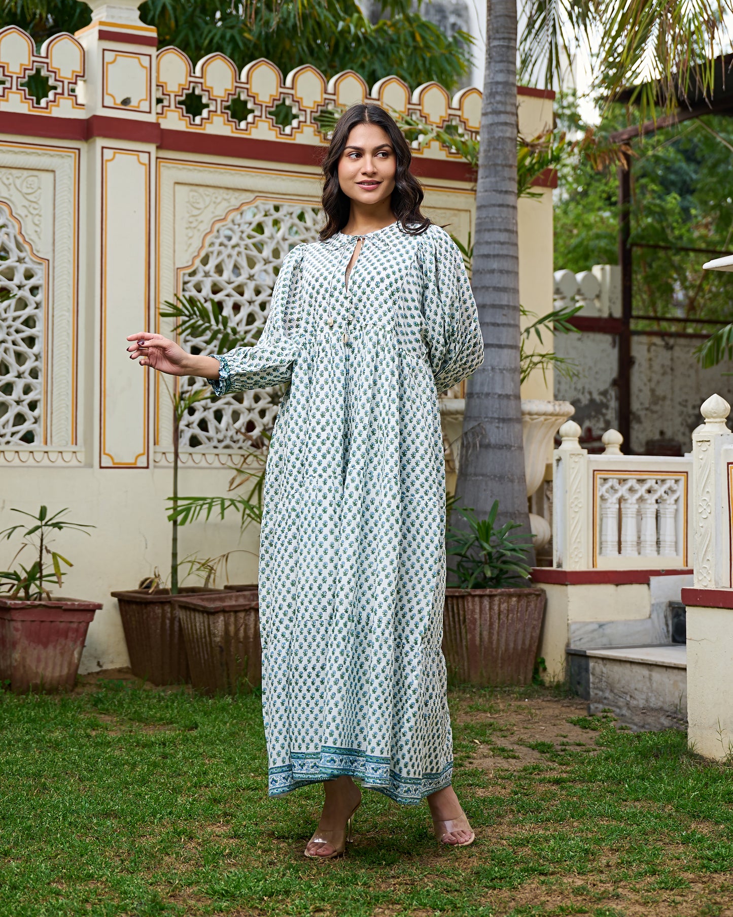 Hand Block Print Maxi Dress Boho Chic Flowy Dress with 3/4 Sleeves