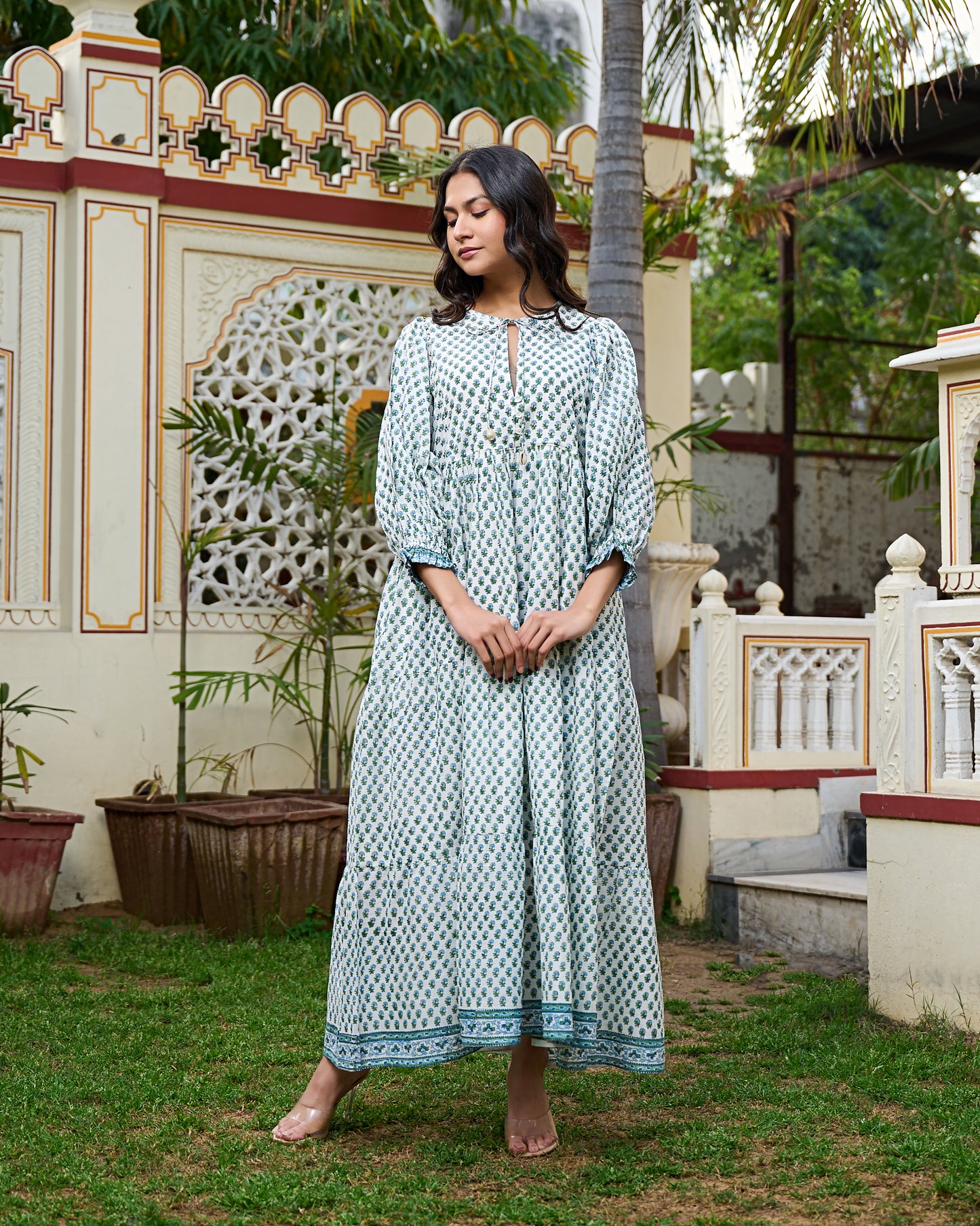 Hand Block Print Maxi Dress Boho Chic Flowy Dress with 3/4 Sleeves