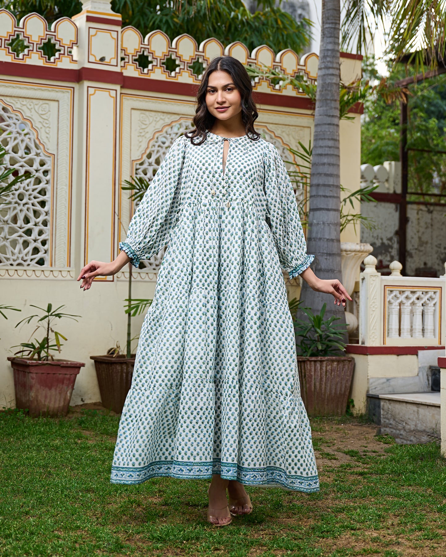 Hand Block Print Maxi Dress Boho Chic Flowy Dress with 3/4 Sleeves