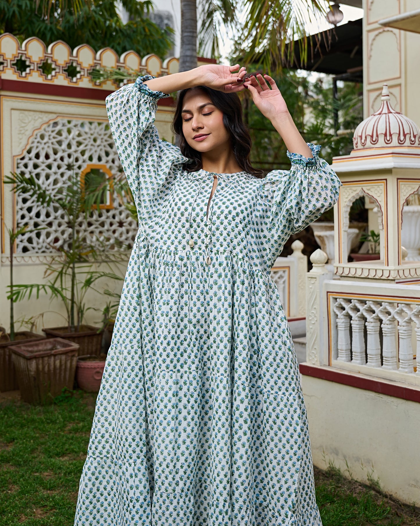 Hand Block Print Maxi Dress Boho Chic Flowy Dress with 3/4 Sleeves