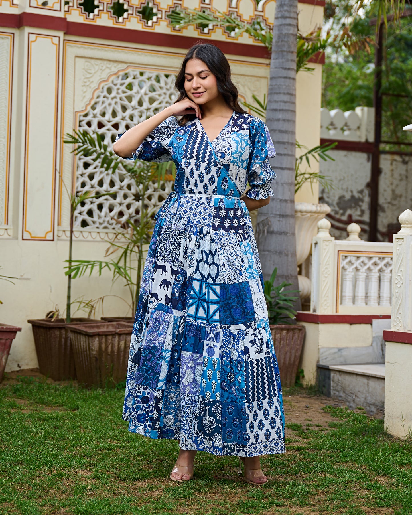 Boho Patchwork Cotton Maxi Dress Handcrafted Wrap Dress with 3/4 Sleeves