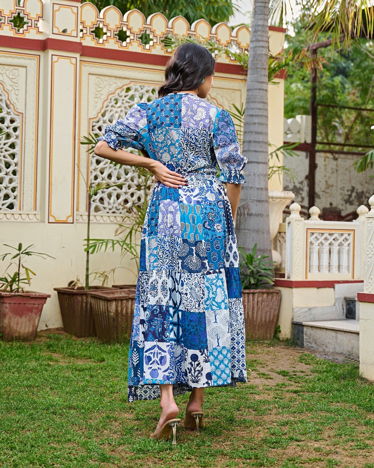 Boho Patchwork Cotton Maxi Dress Handcrafted Wrap Dress with 3/4 Sleeves
